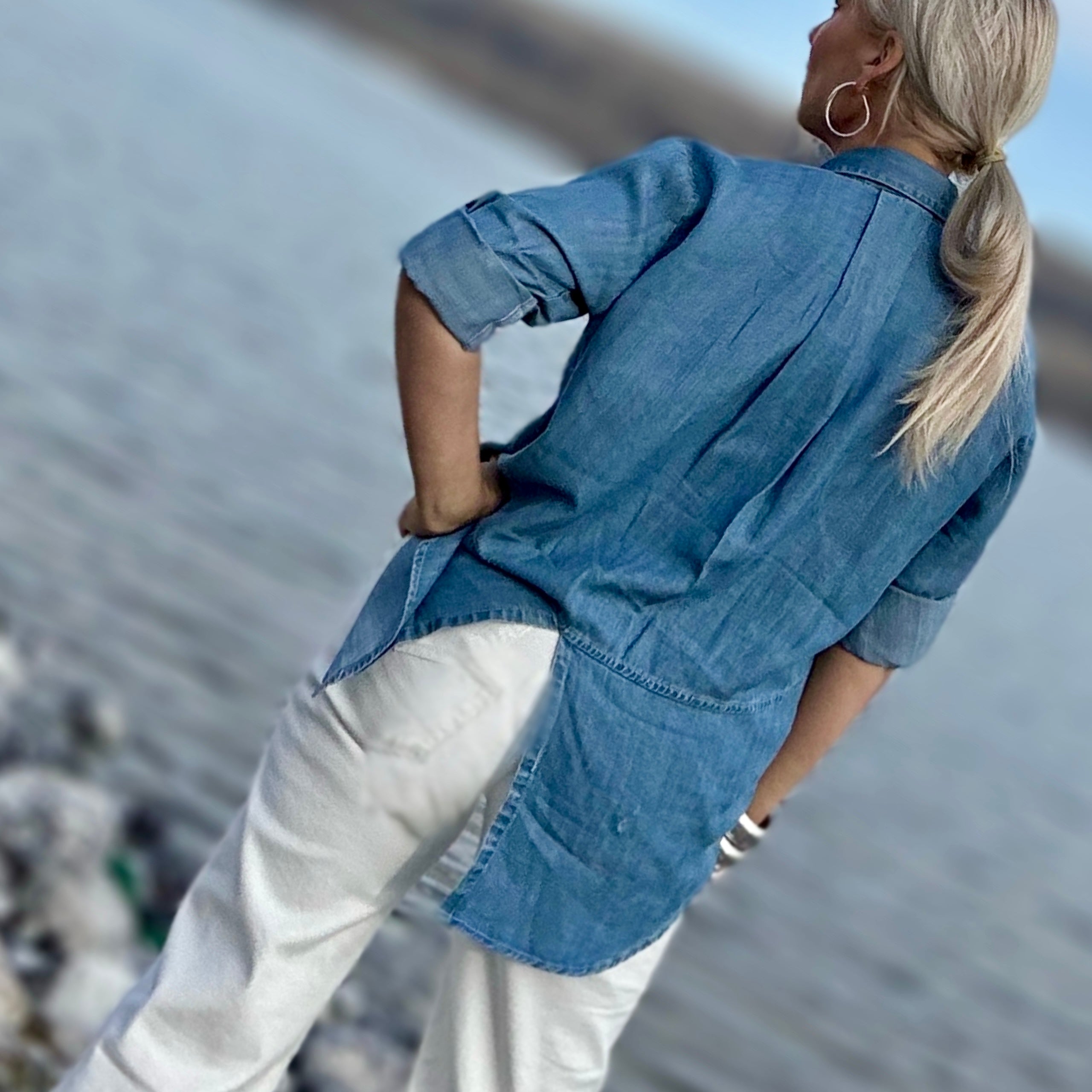Riley Frayed-Hem Button-Up Shirt (Denim)