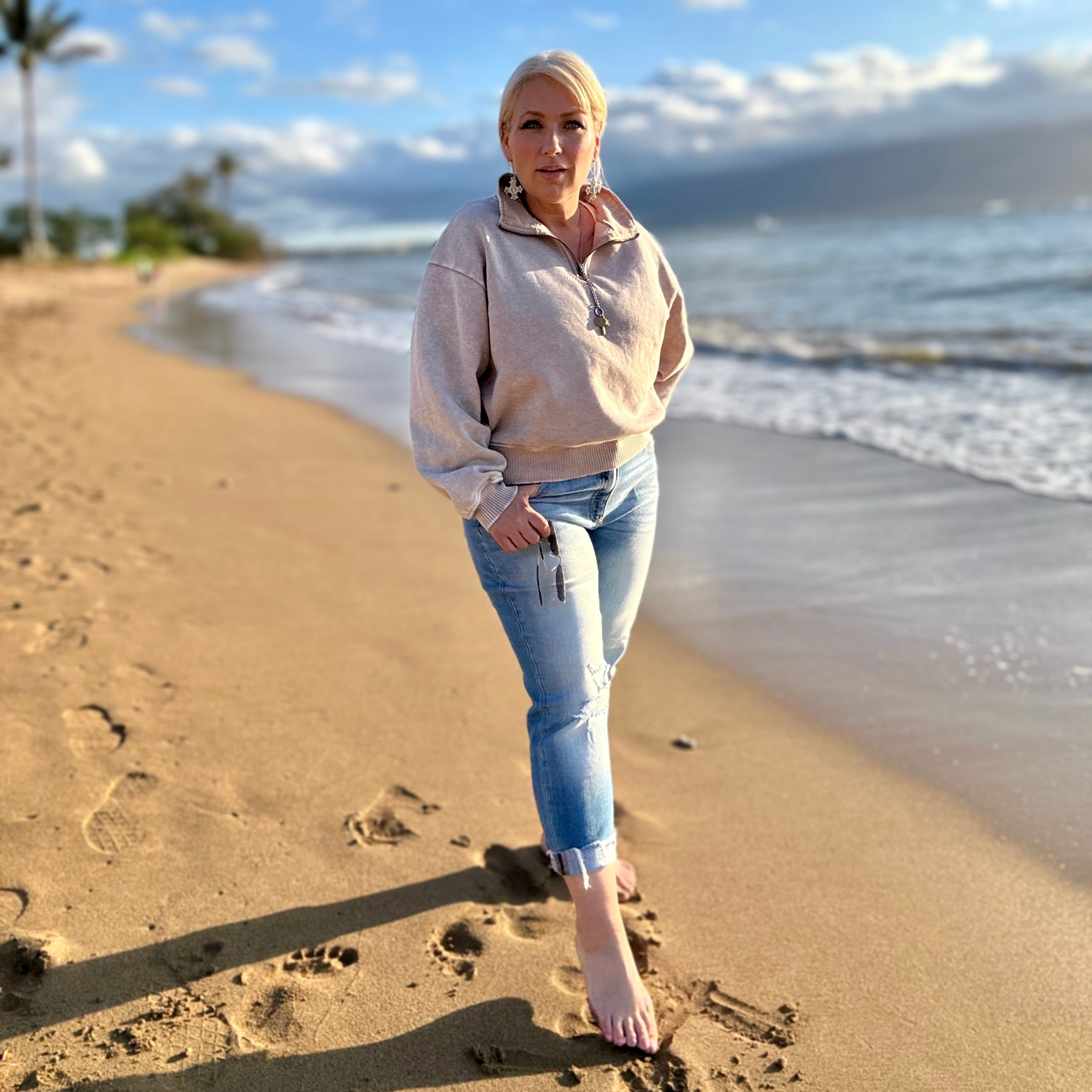 Luna French Terry Quarter Zip Pullover (Taupe)