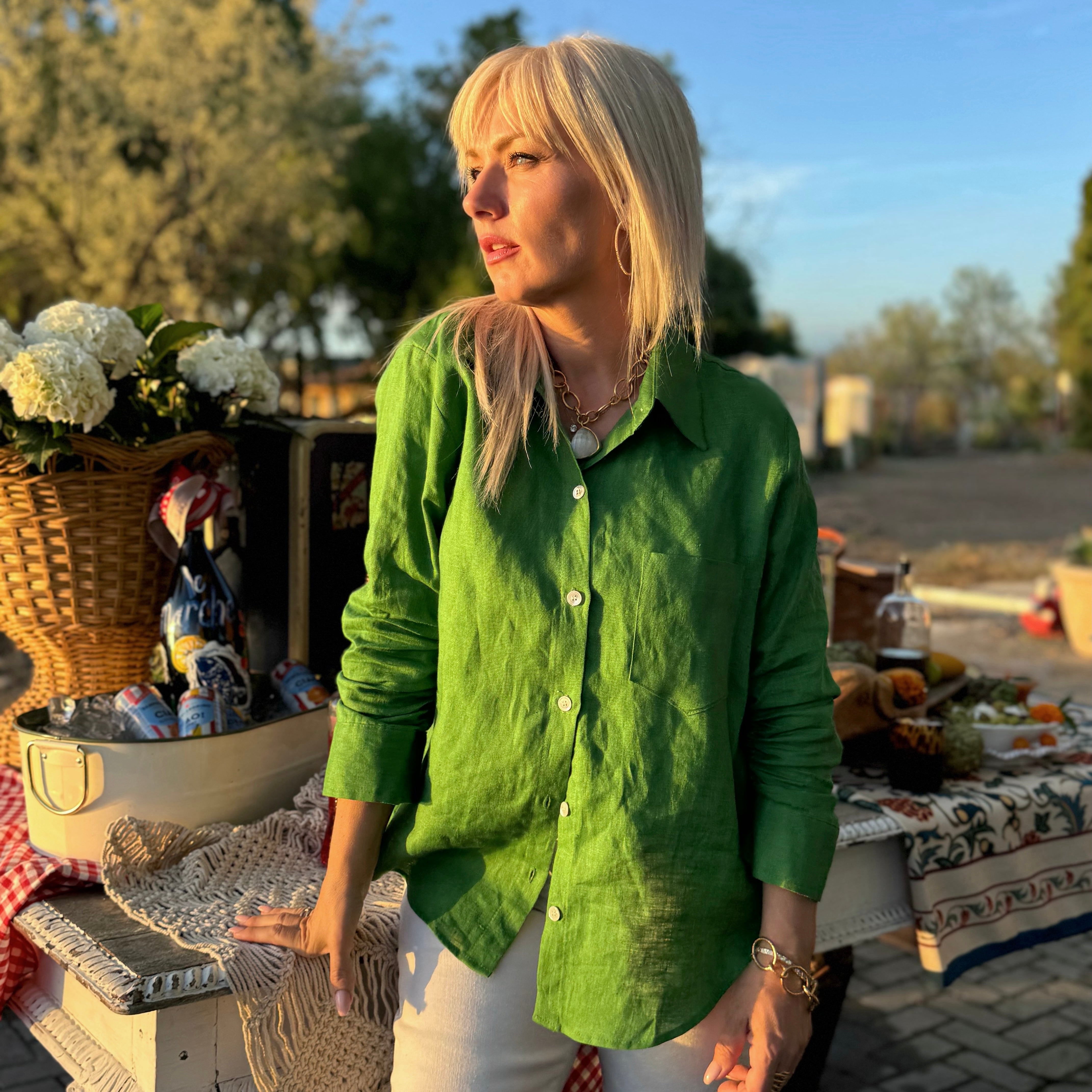 Green With Envy Linen Ruched Sleeve Shirt