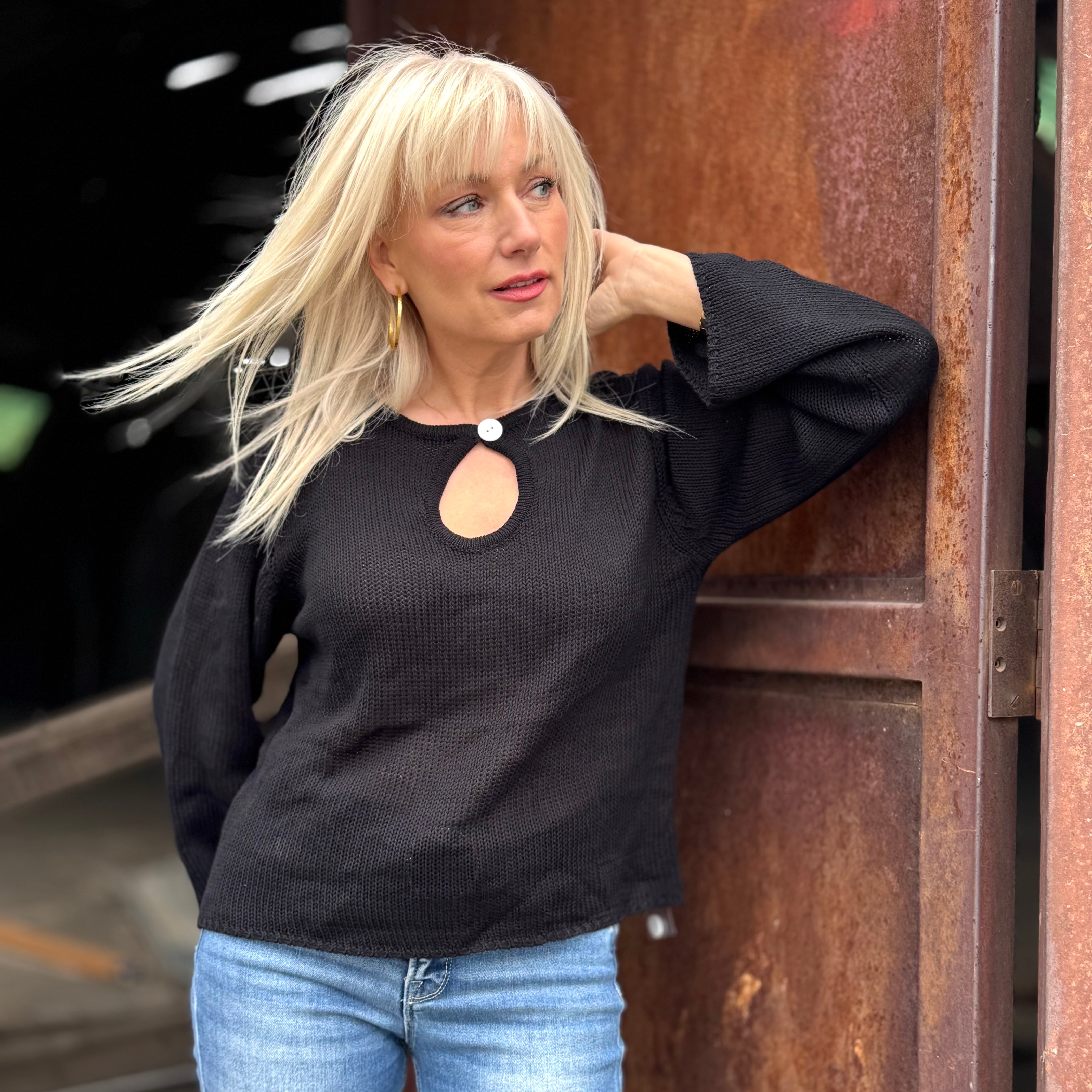 Golden Hour Cotton Keyhole Sweater Black