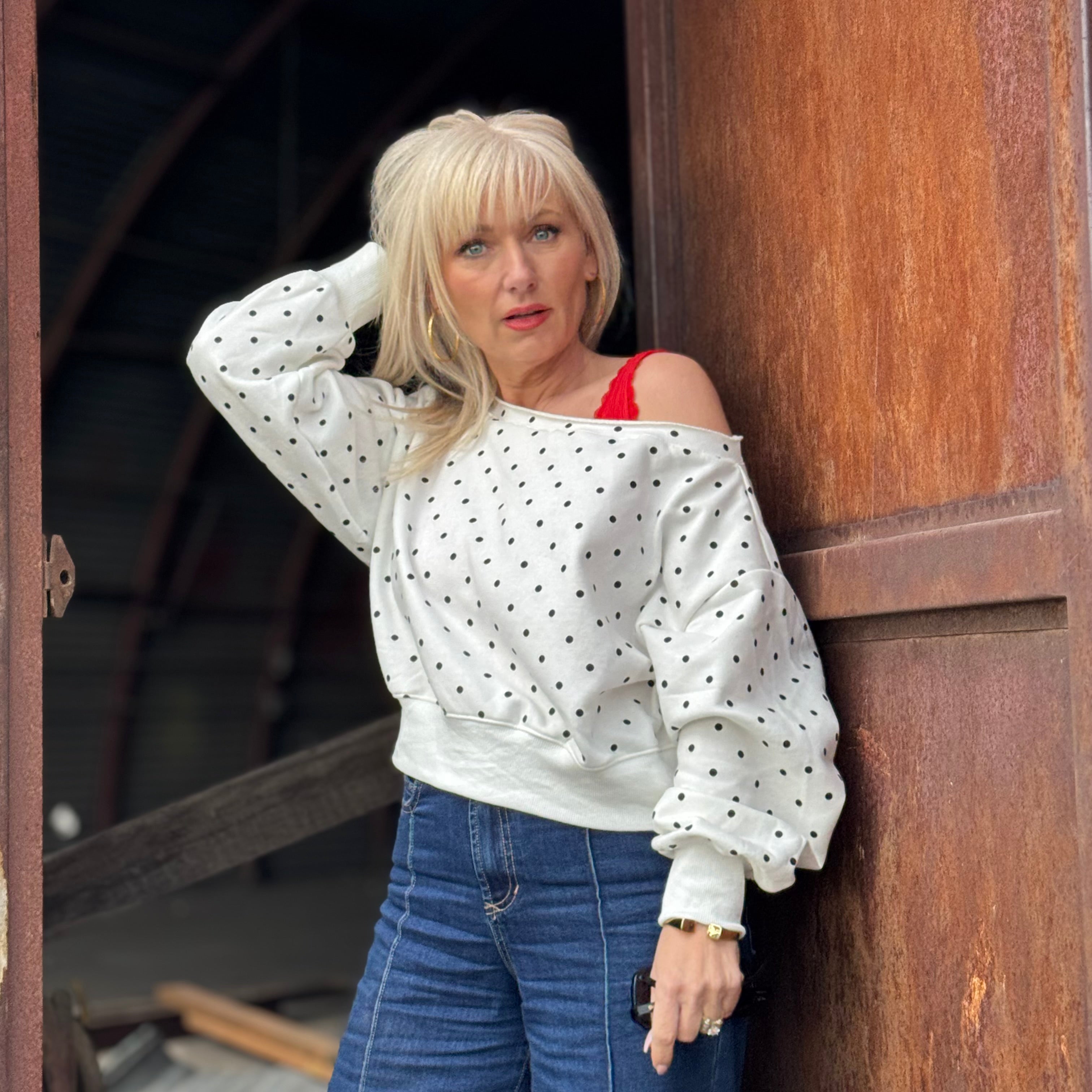 Parisian Ease Polka Dot French Terry Boatneck