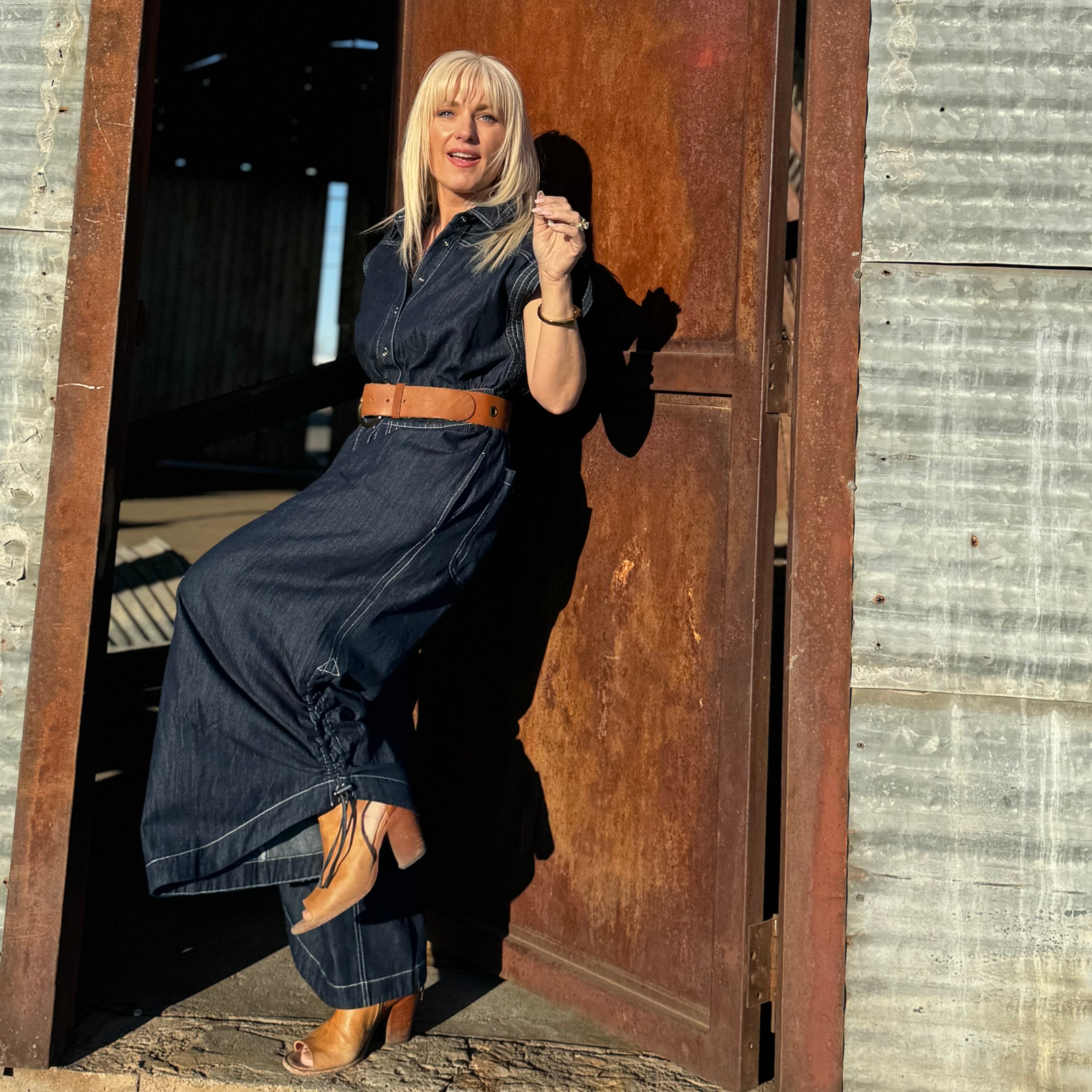 Saddle Stitch Denim Utility Jumpsuit