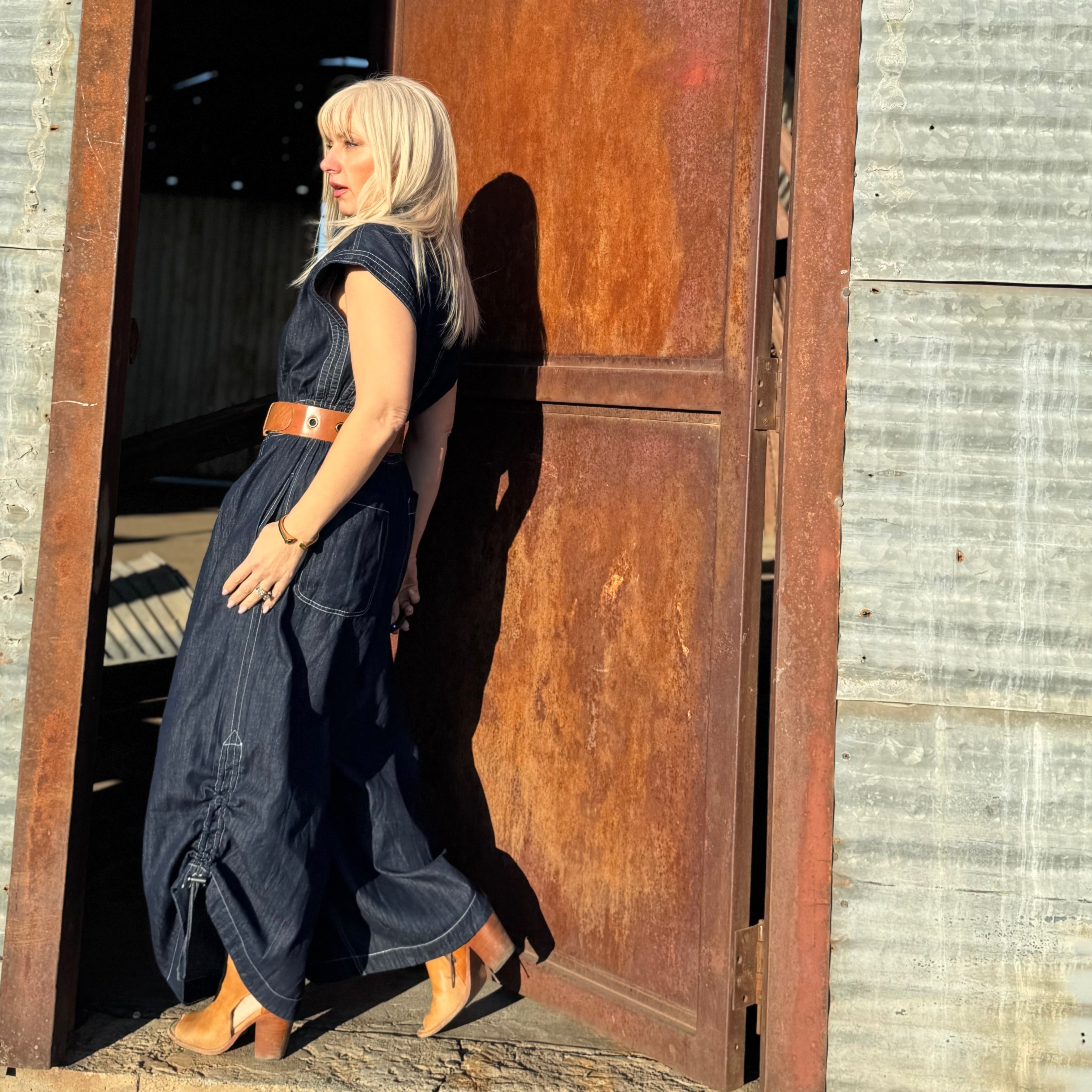 Saddle Stitch Denim Utility Jumpsuit
