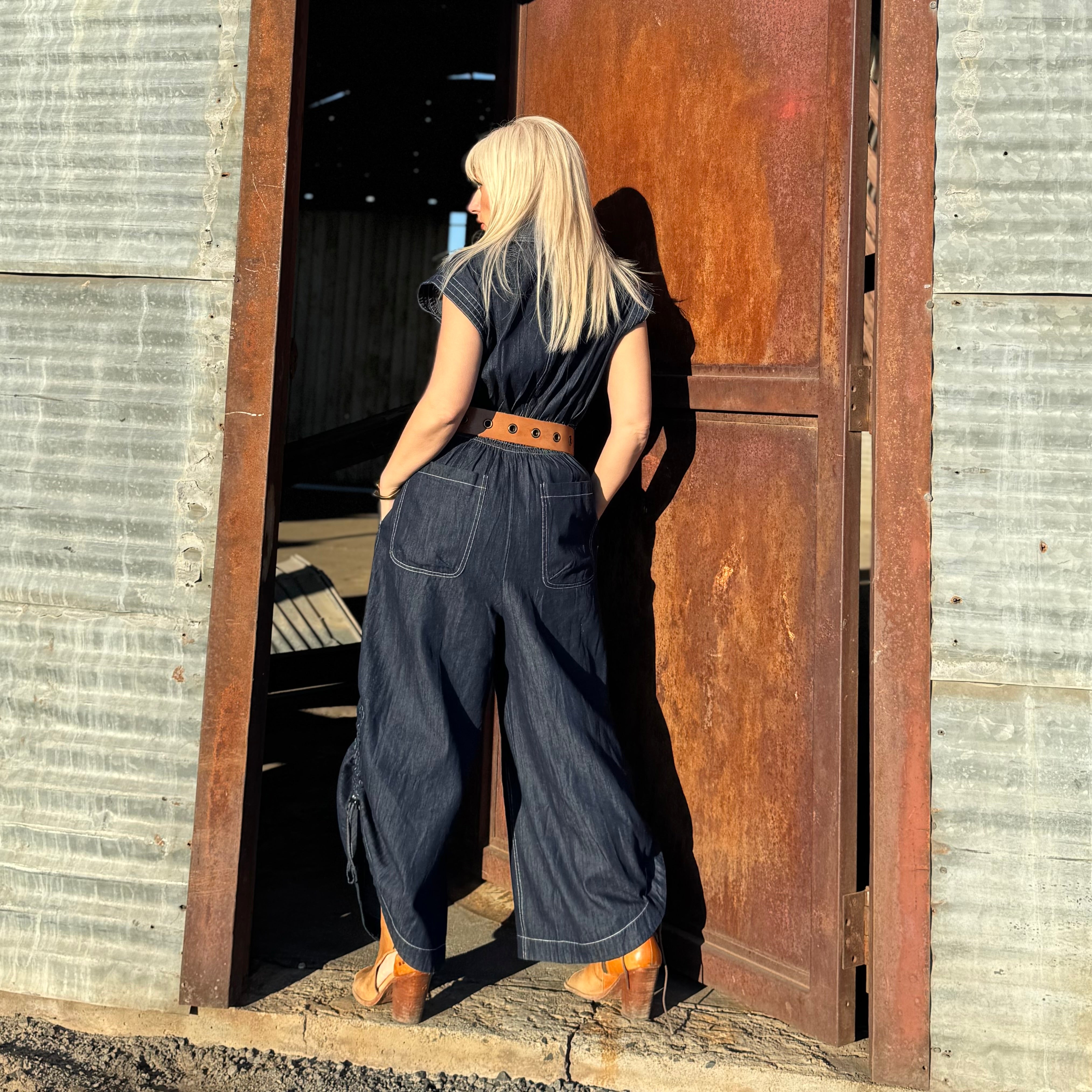 Saddle Stitch Denim Utility Jumpsuit