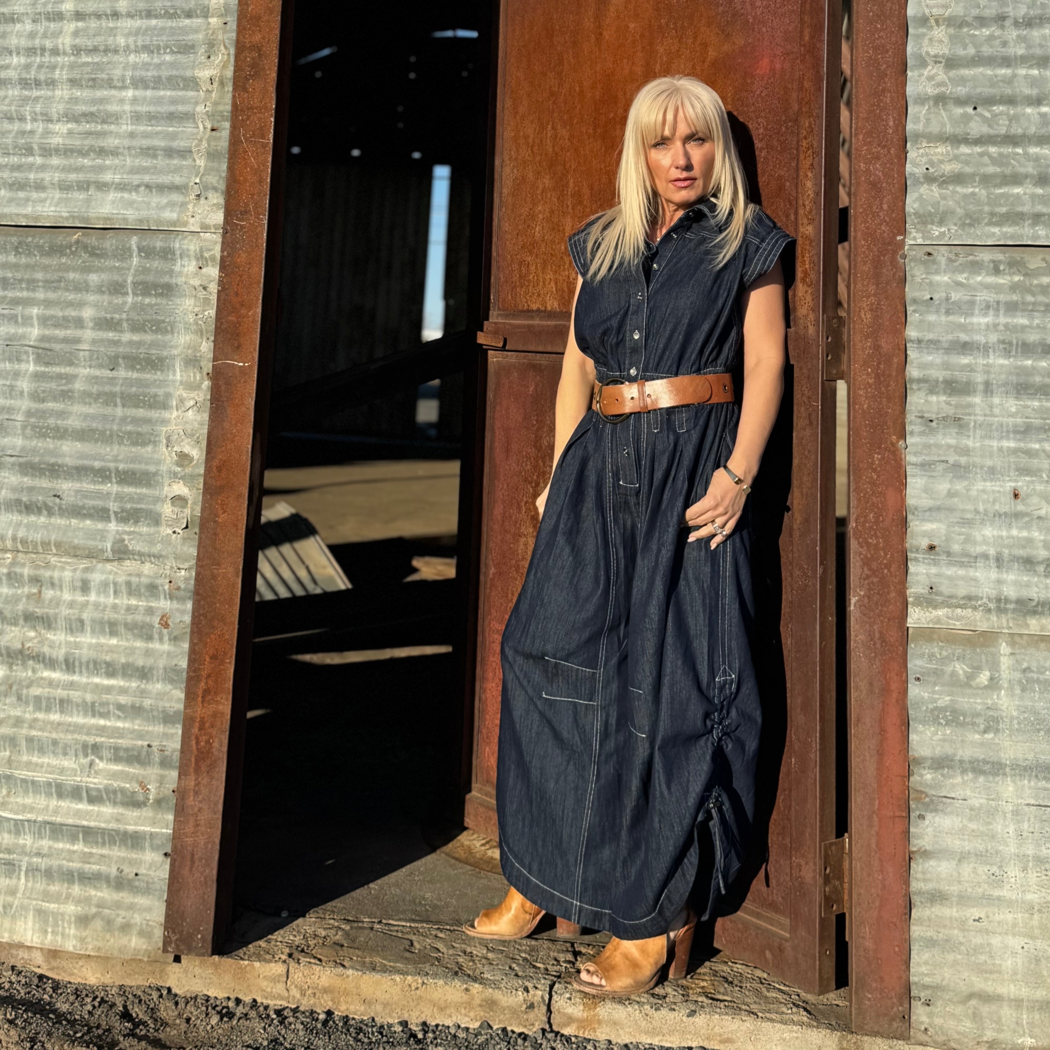 Saddle Stitch Denim Utility Jumpsuit