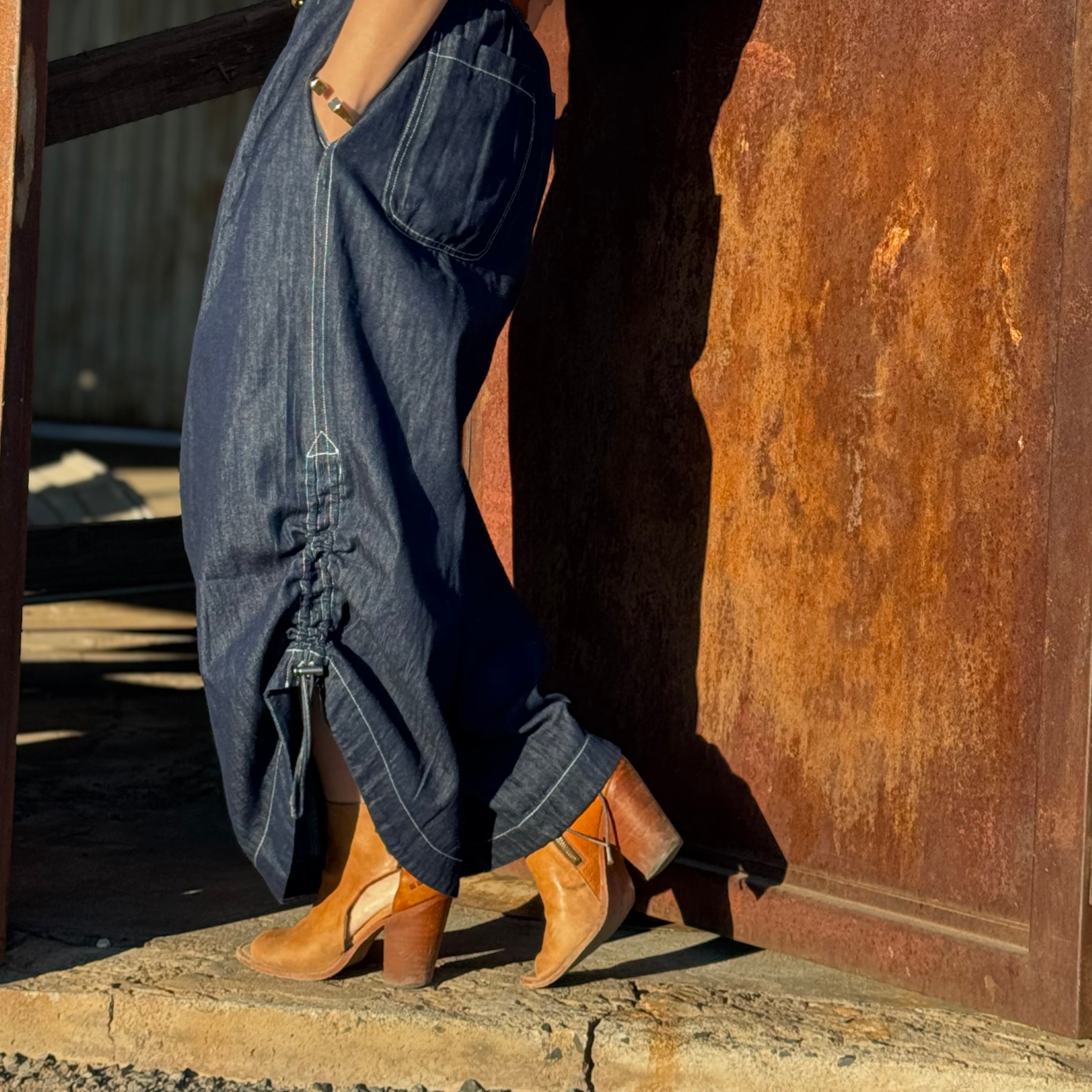 Saddle Stitch Denim Utility Jumpsuit