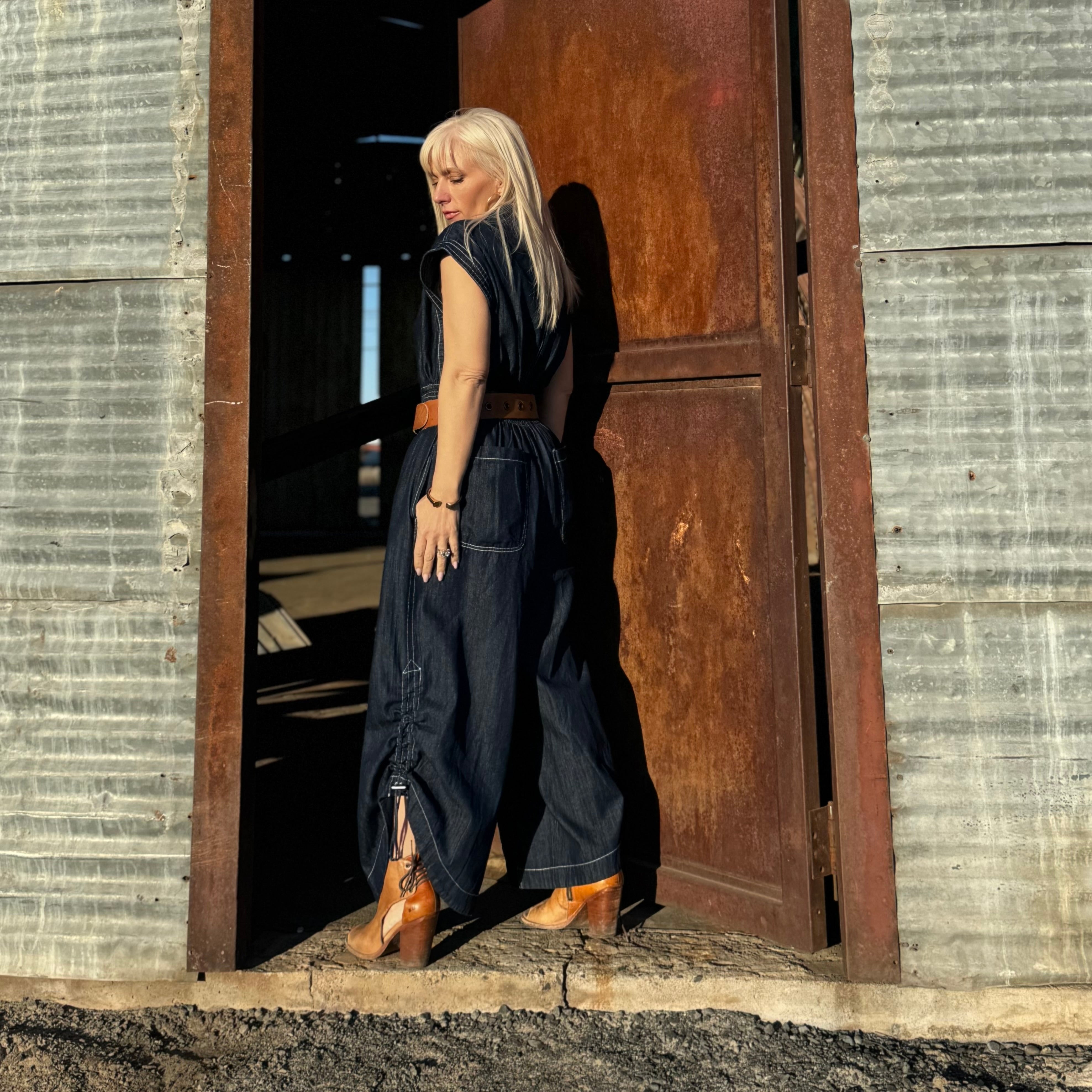 Saddle Stitch Denim Utility Jumpsuit