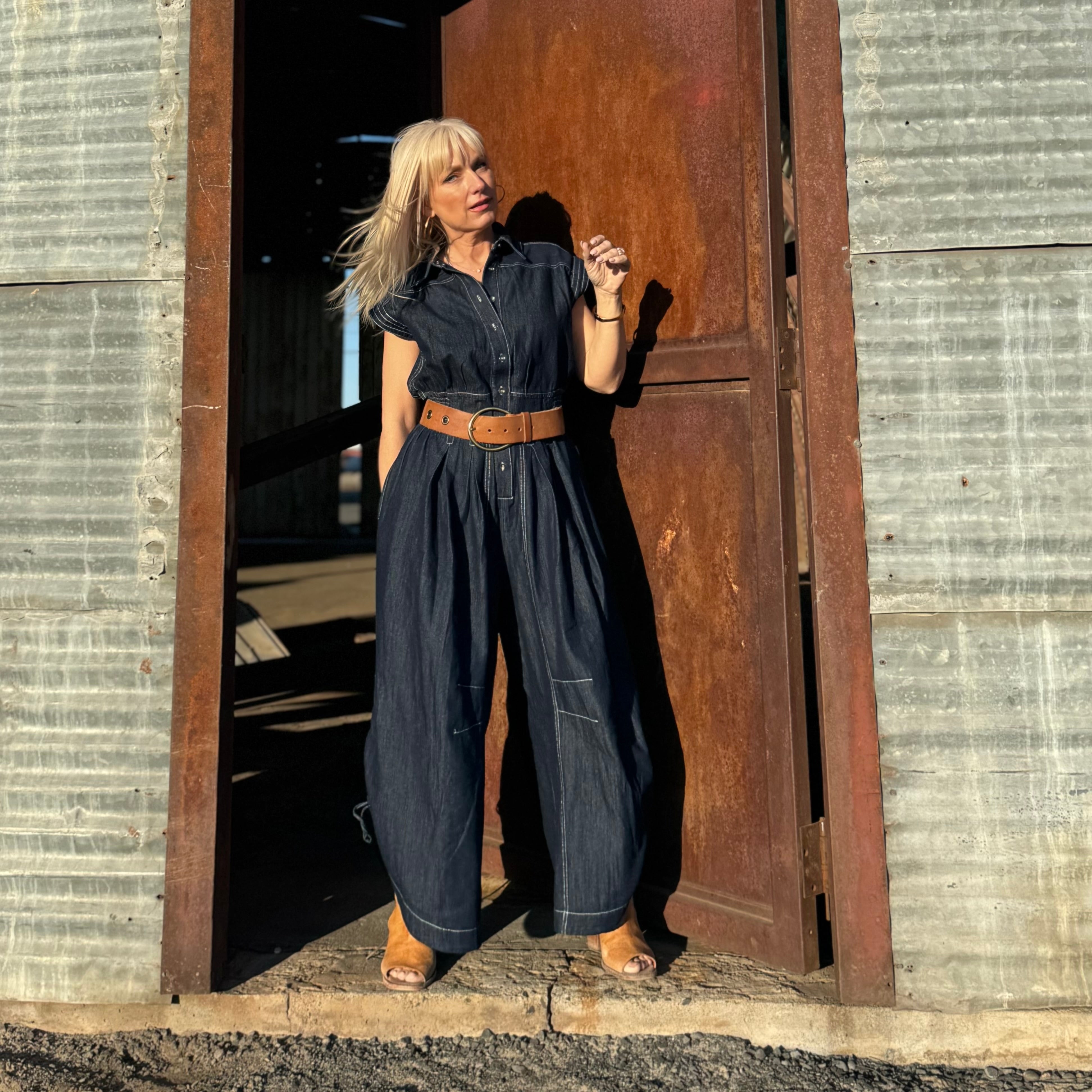 Saddle Stitch Denim Utility Jumpsuit