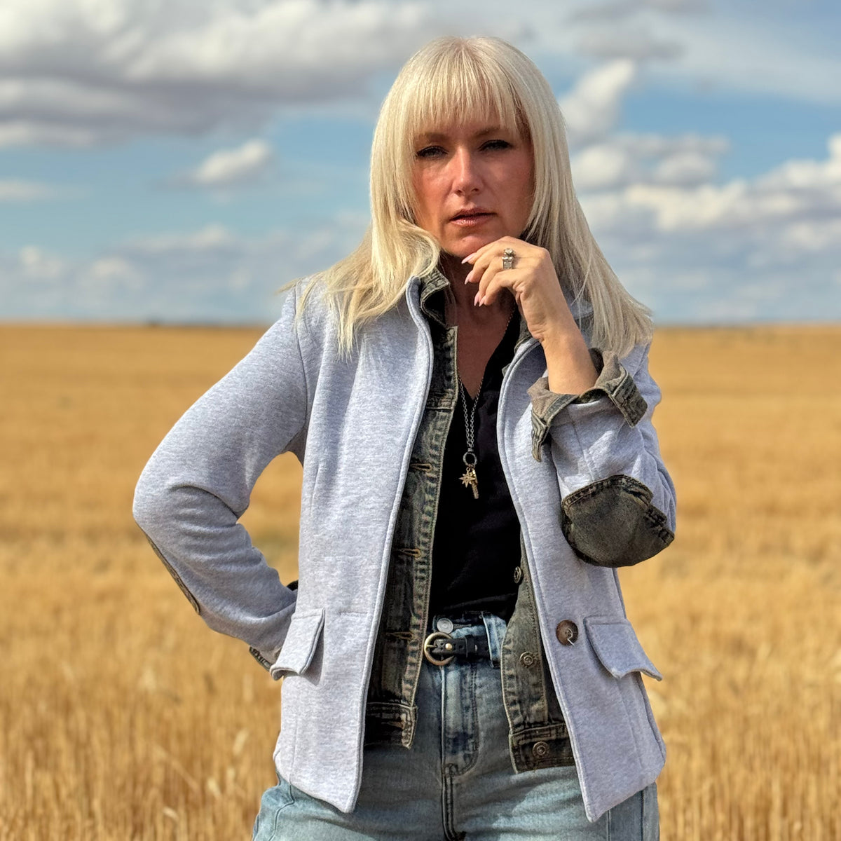 The Denim Detail French Terry Jacket - Gray