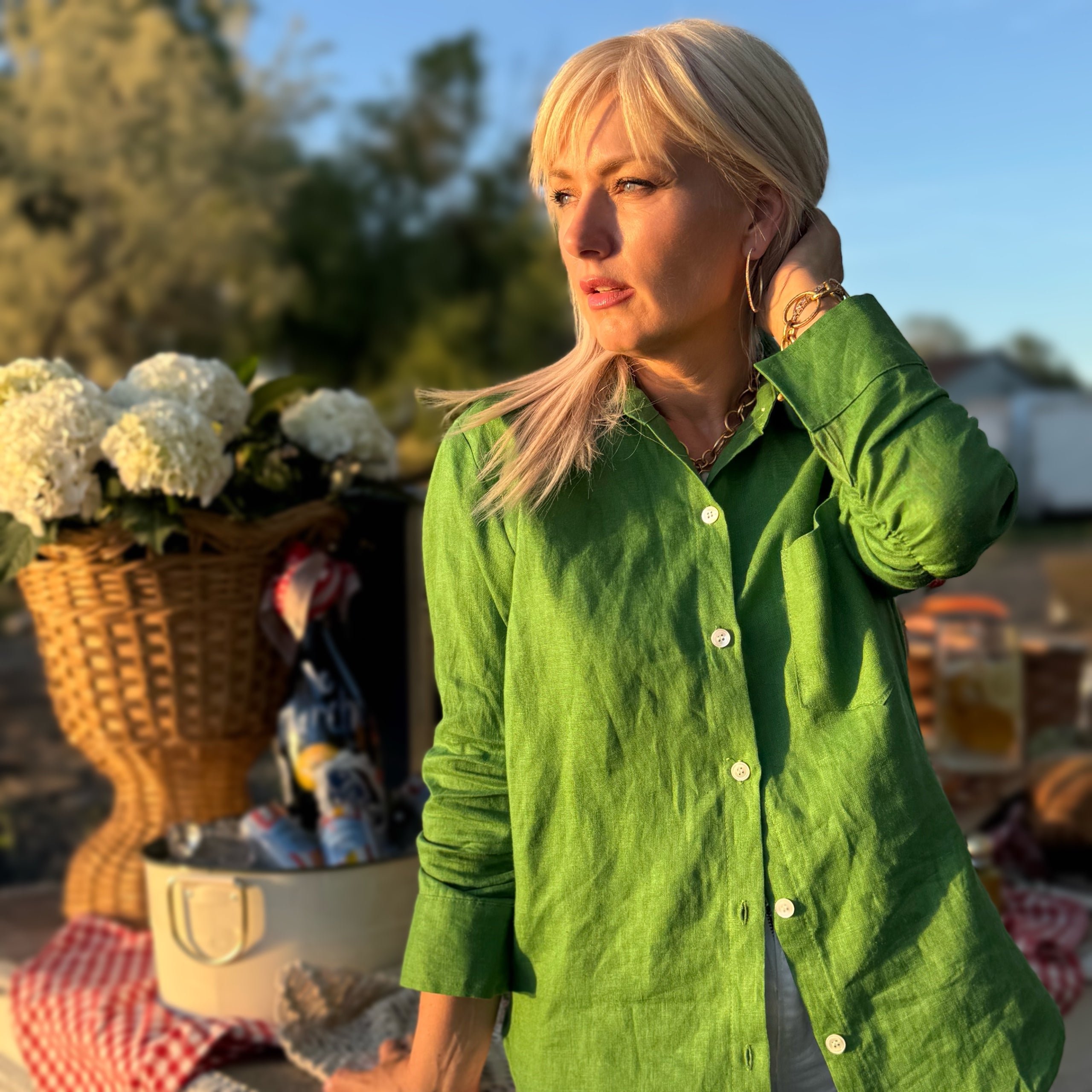 Green With Envy Linen Ruched Sleeve Shirt