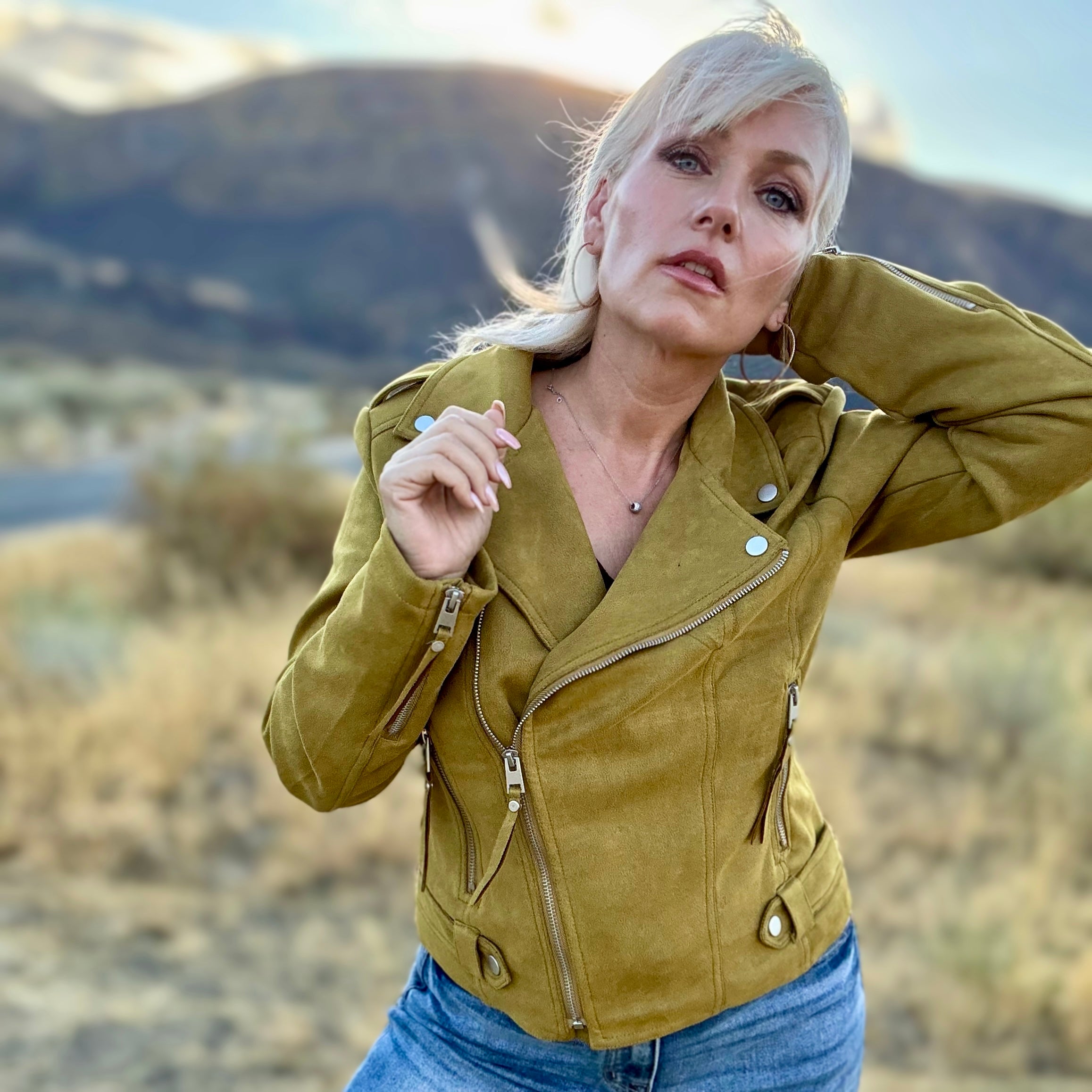 Sage Faux Suede Moto Jacket