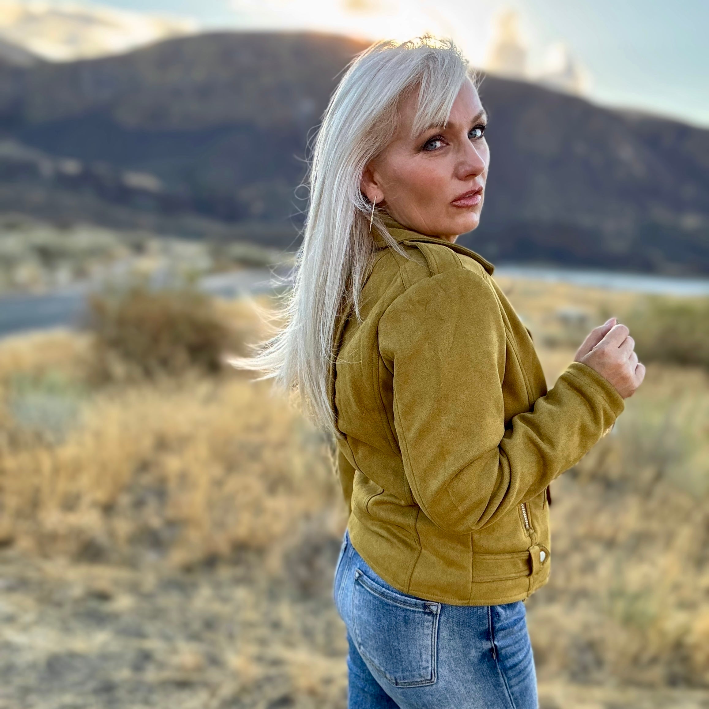 Sage Faux Suede Moto Jacket