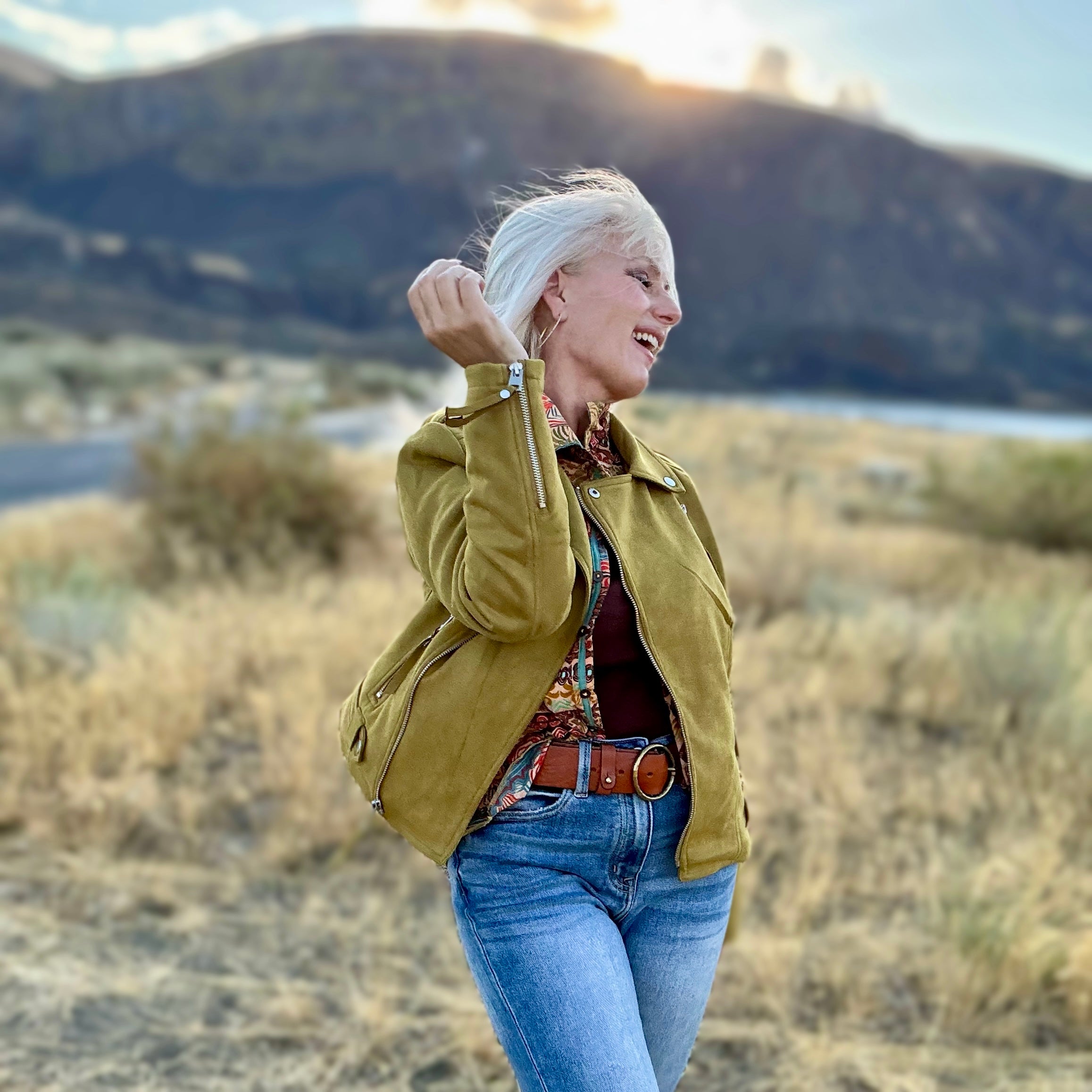 Sage Faux Suede Moto Jacket