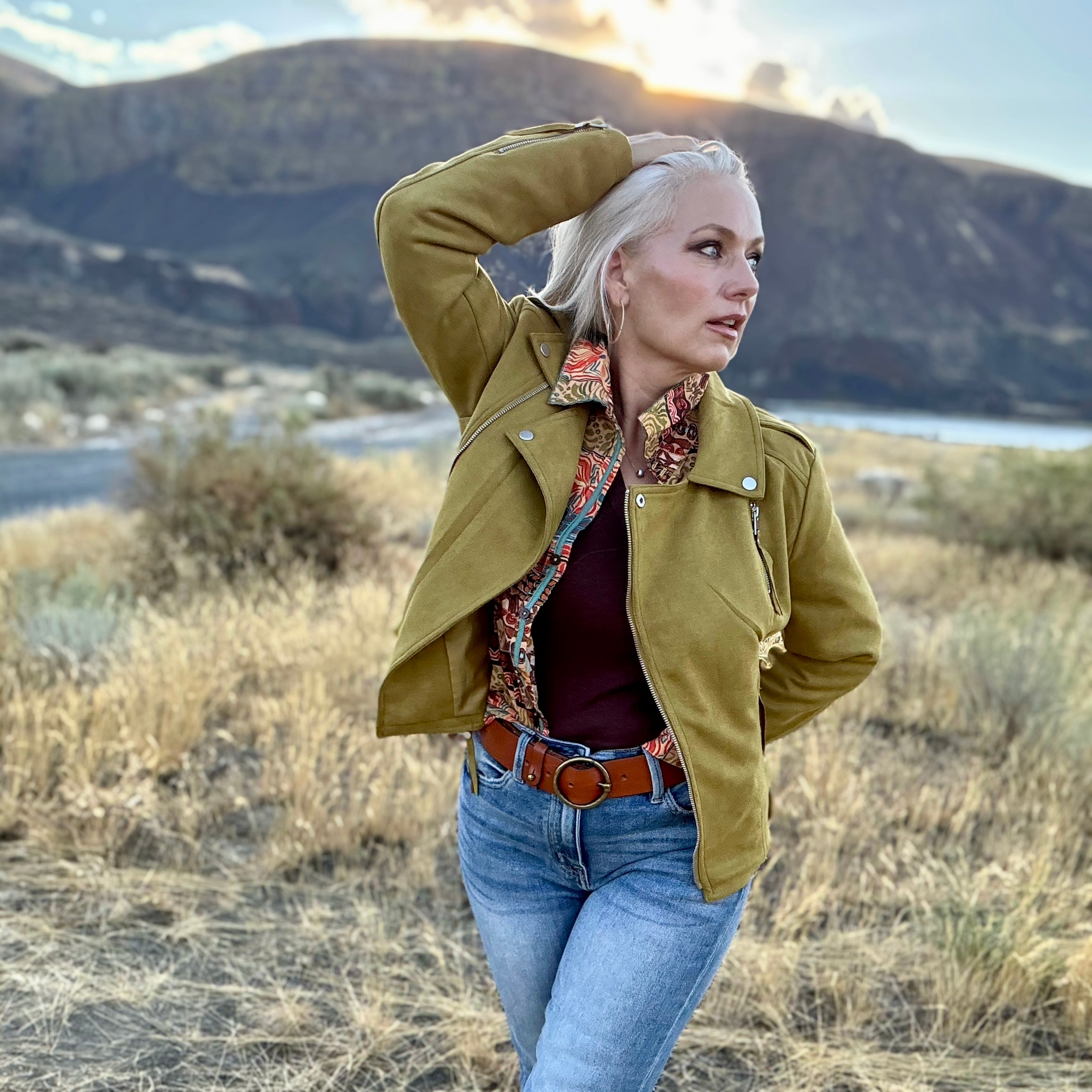 Sage Faux Suede Moto Jacket