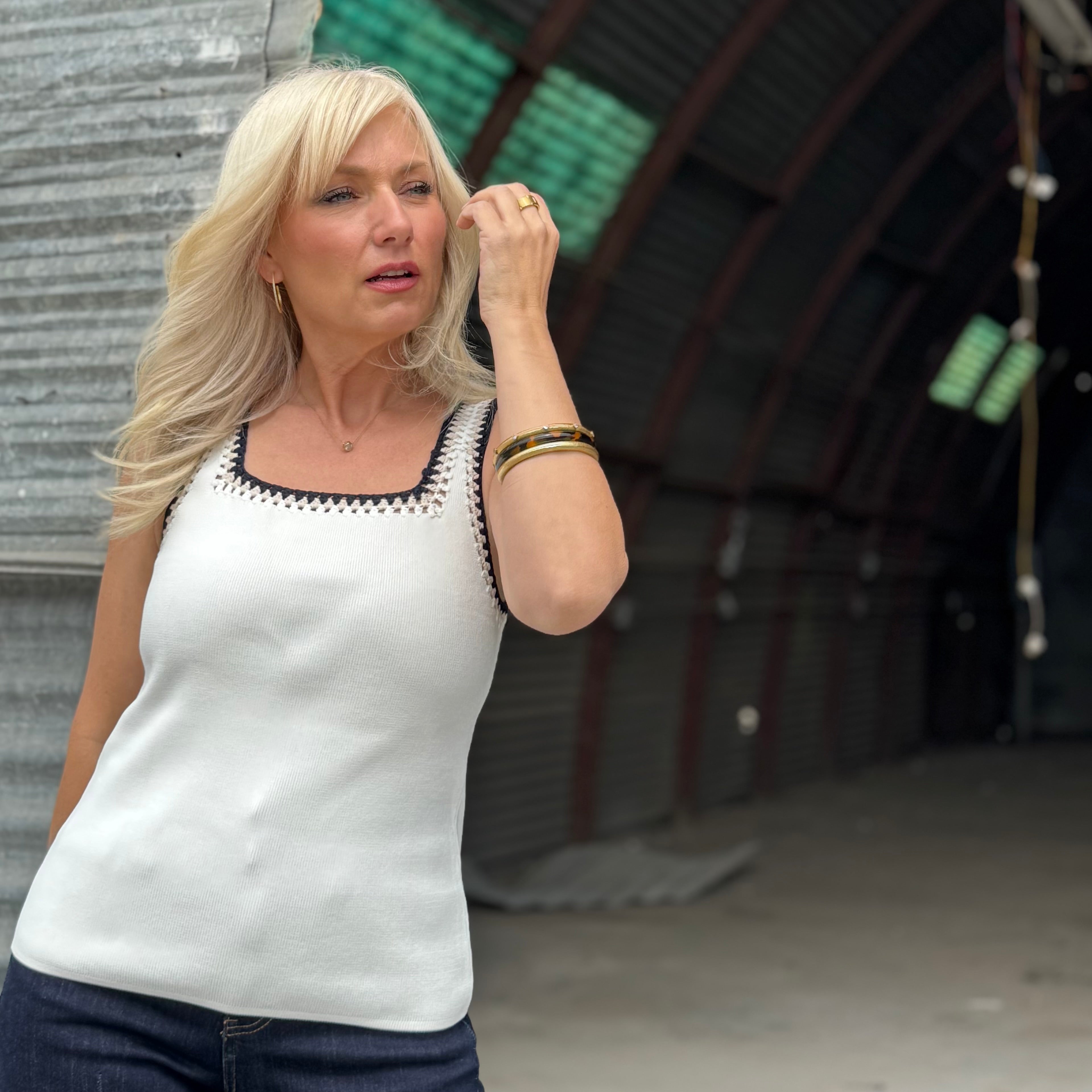 Monaco Muse Crochet Trim Tank Ivory