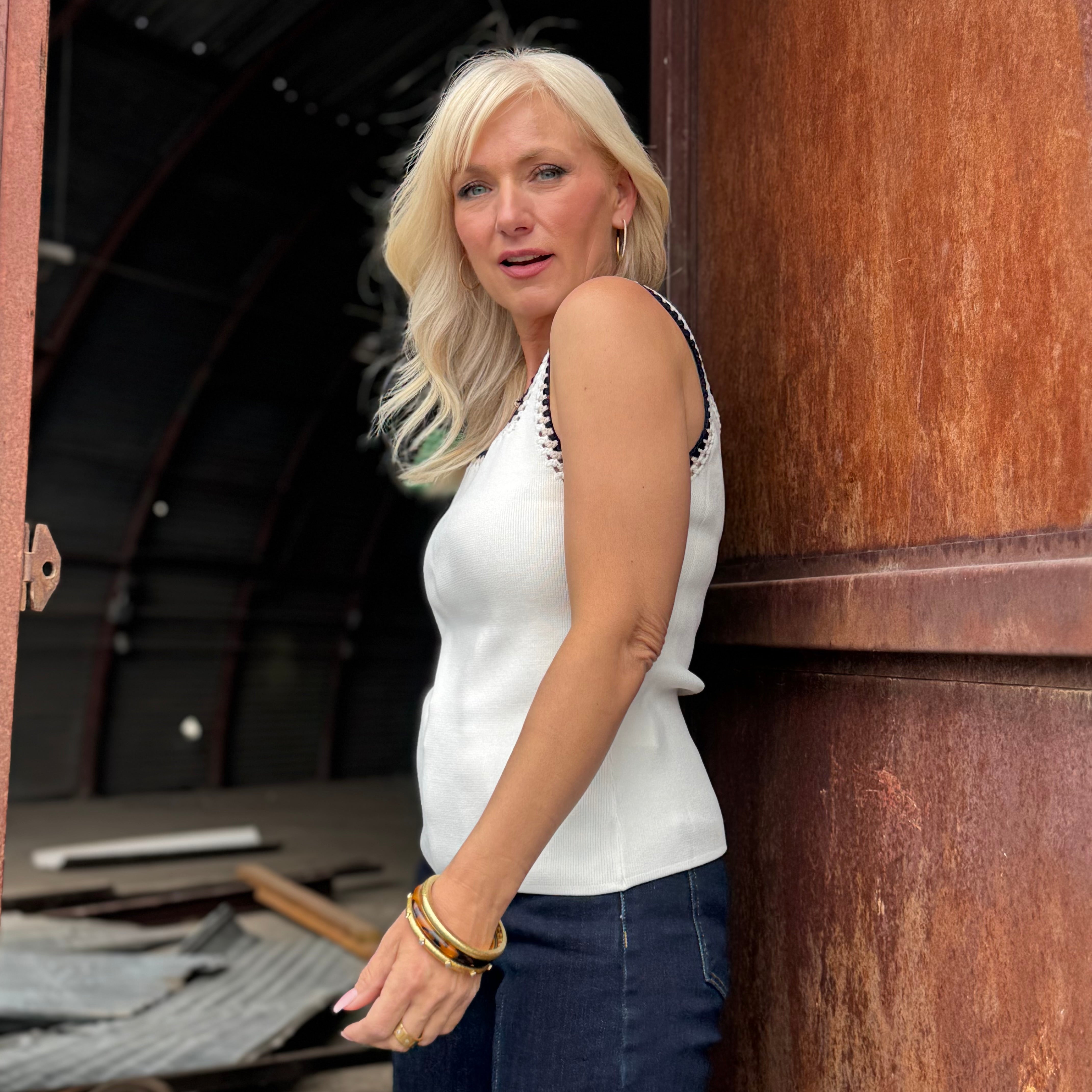 Monaco Muse Crochet Trim Tank Ivory
