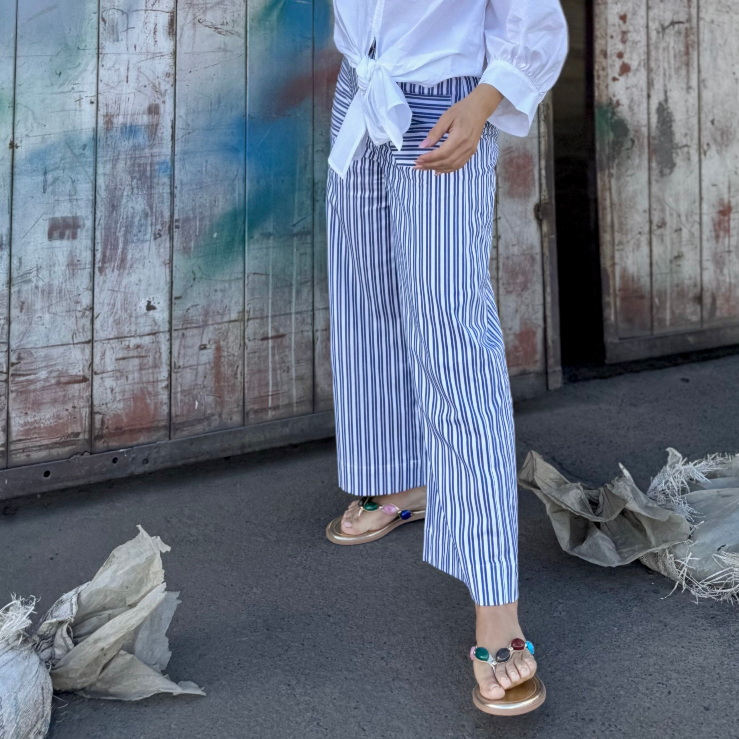 Stripe Cropped Wide-Leg Pants