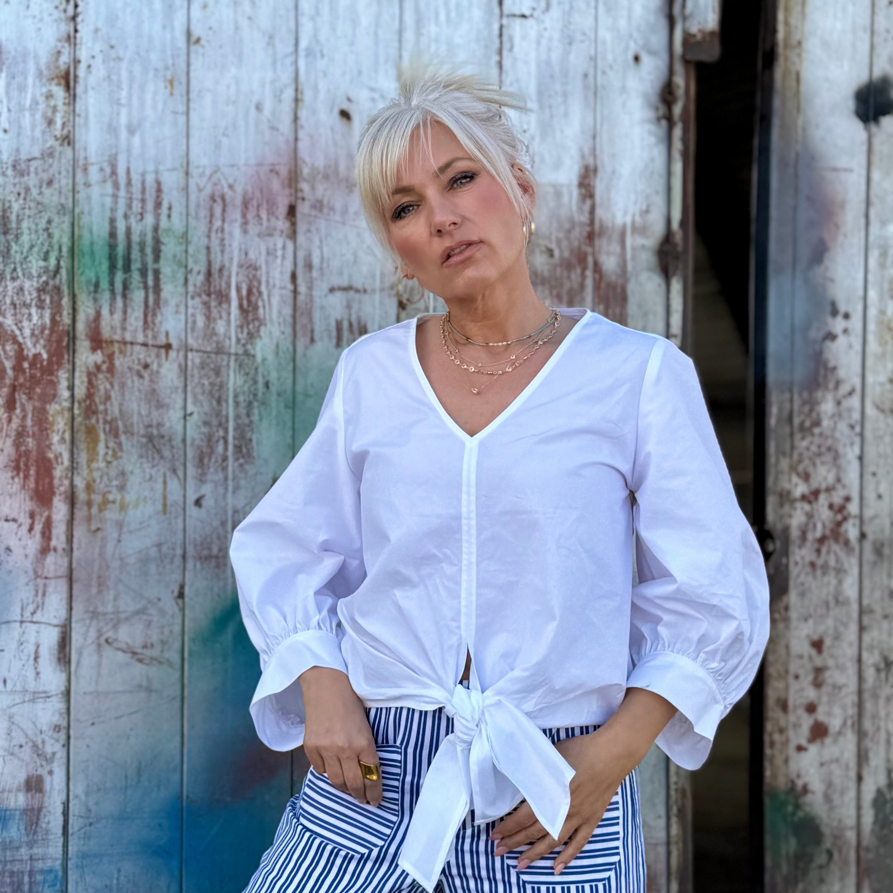 Blouson Sleeve Tie-Front Top White