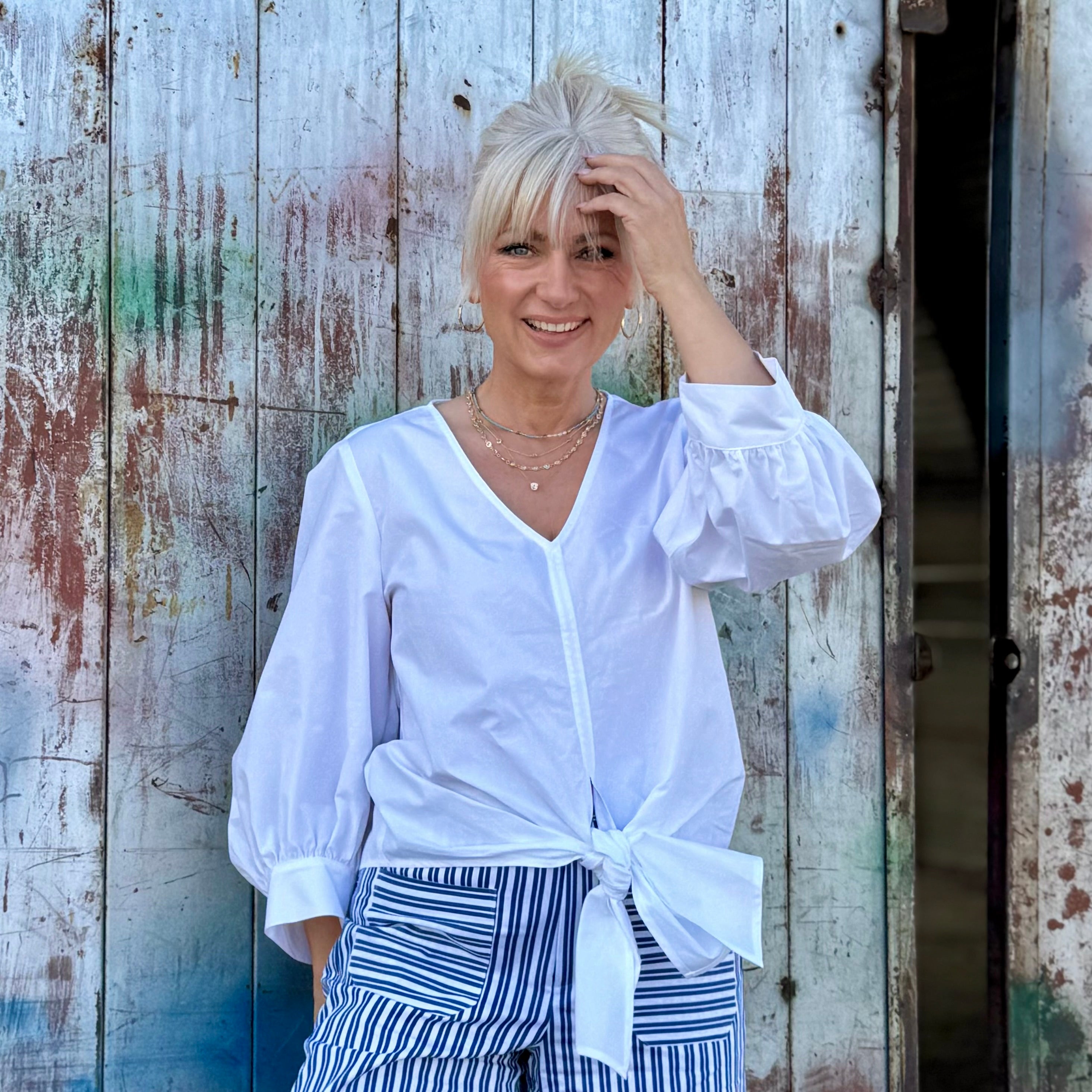 Blouson Sleeve Tie-Front Top White