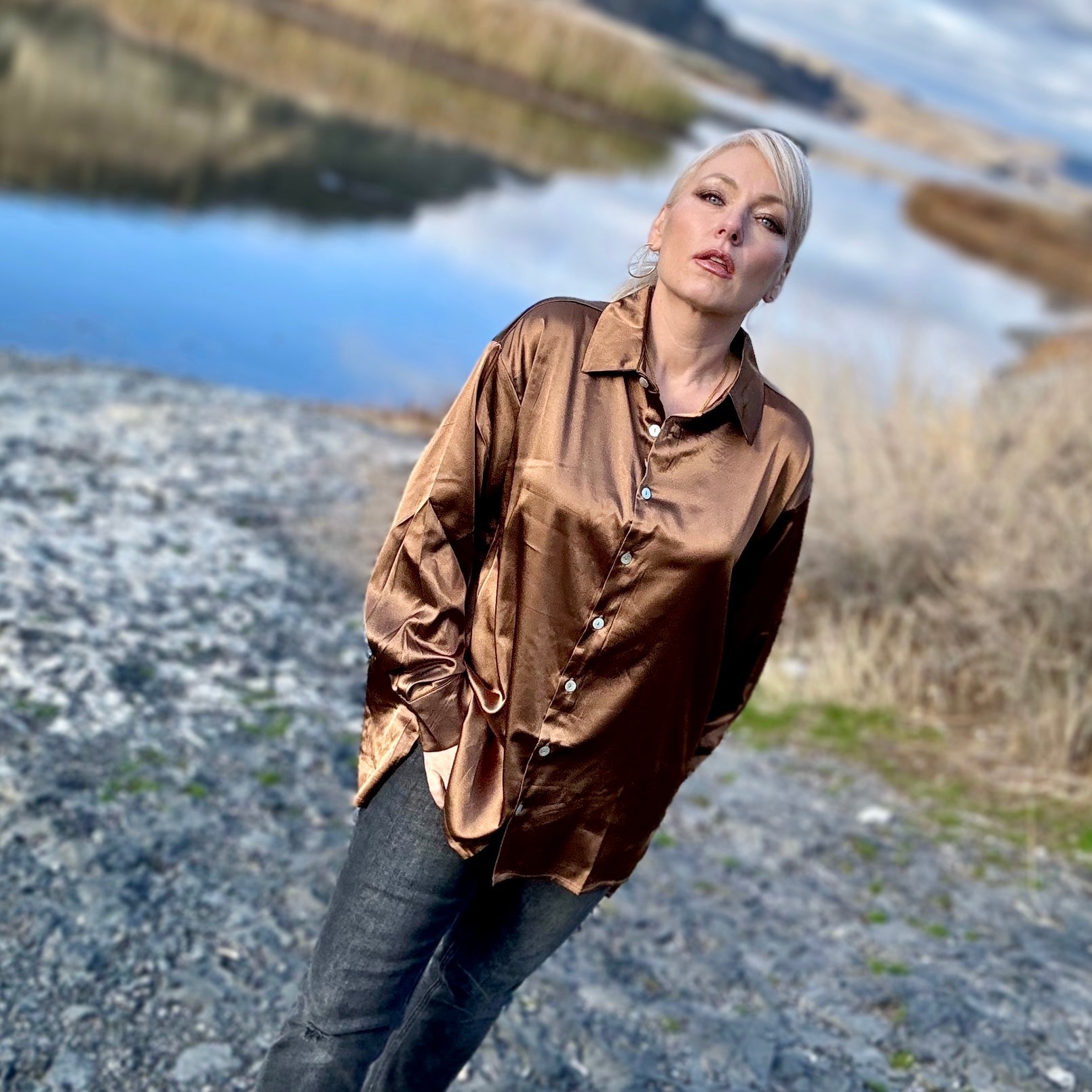 Santiago Satin Button Up Shirt Toffee