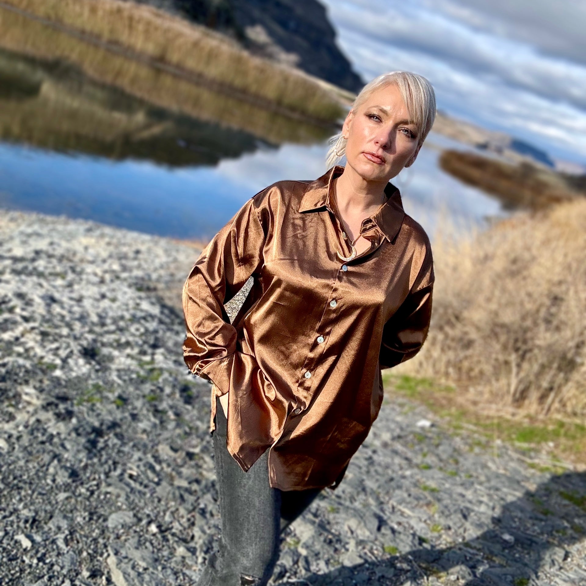 Santiago Satin Button Up Shirt Toffee