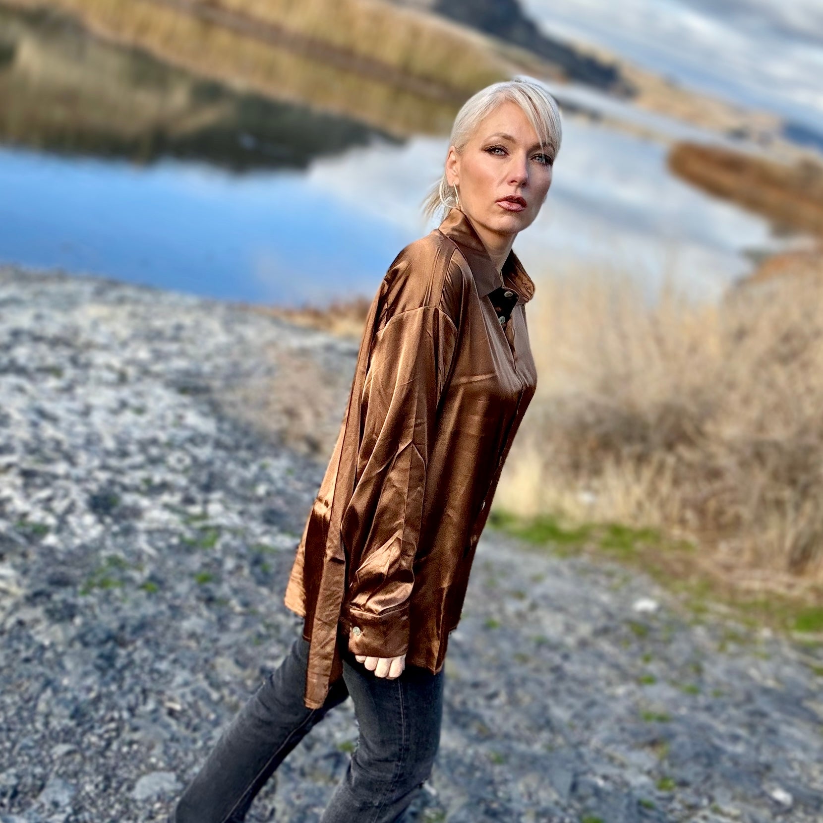 Santiago Satin Button Up Shirt Toffee