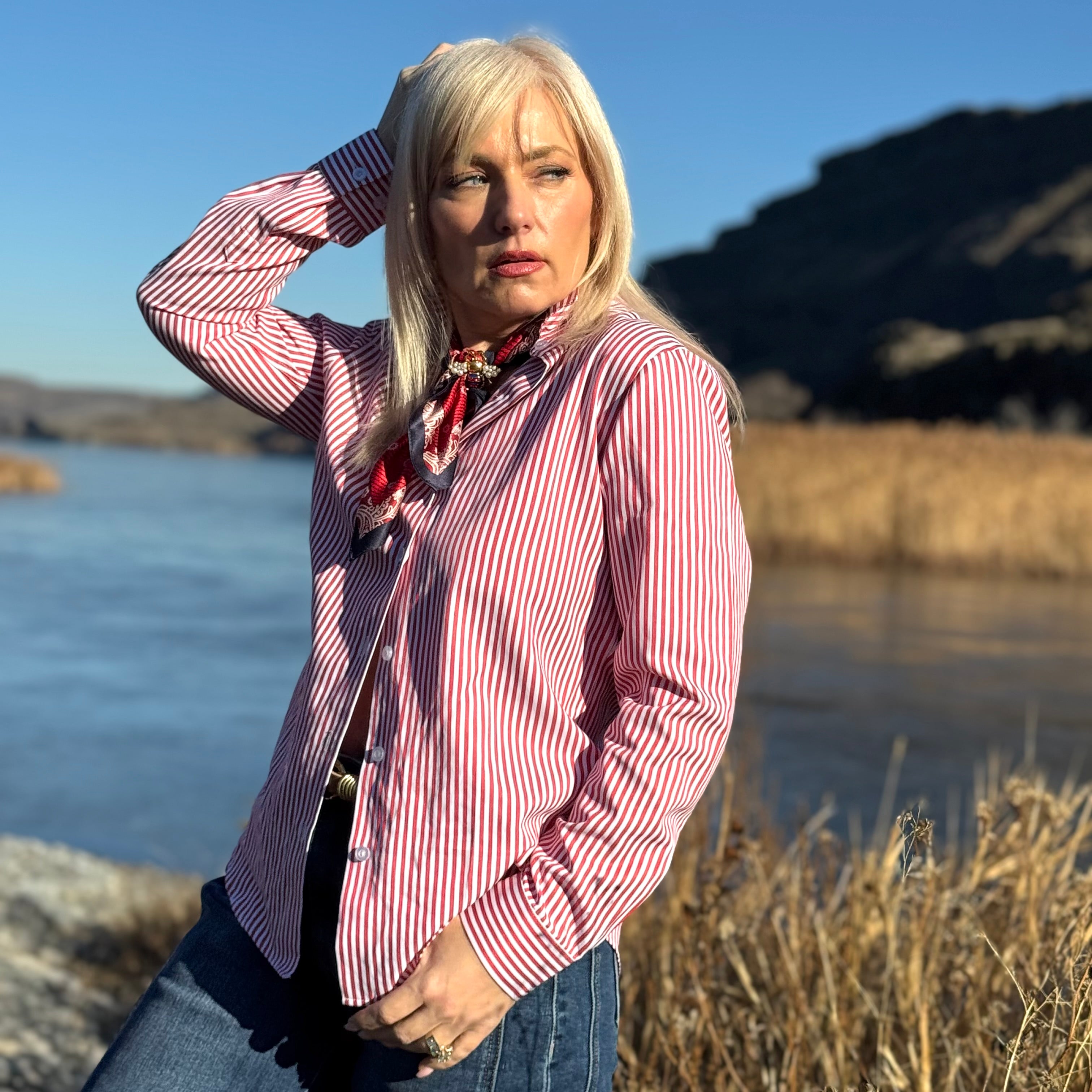 Cabana Wrinkle Release Stripe Top Red