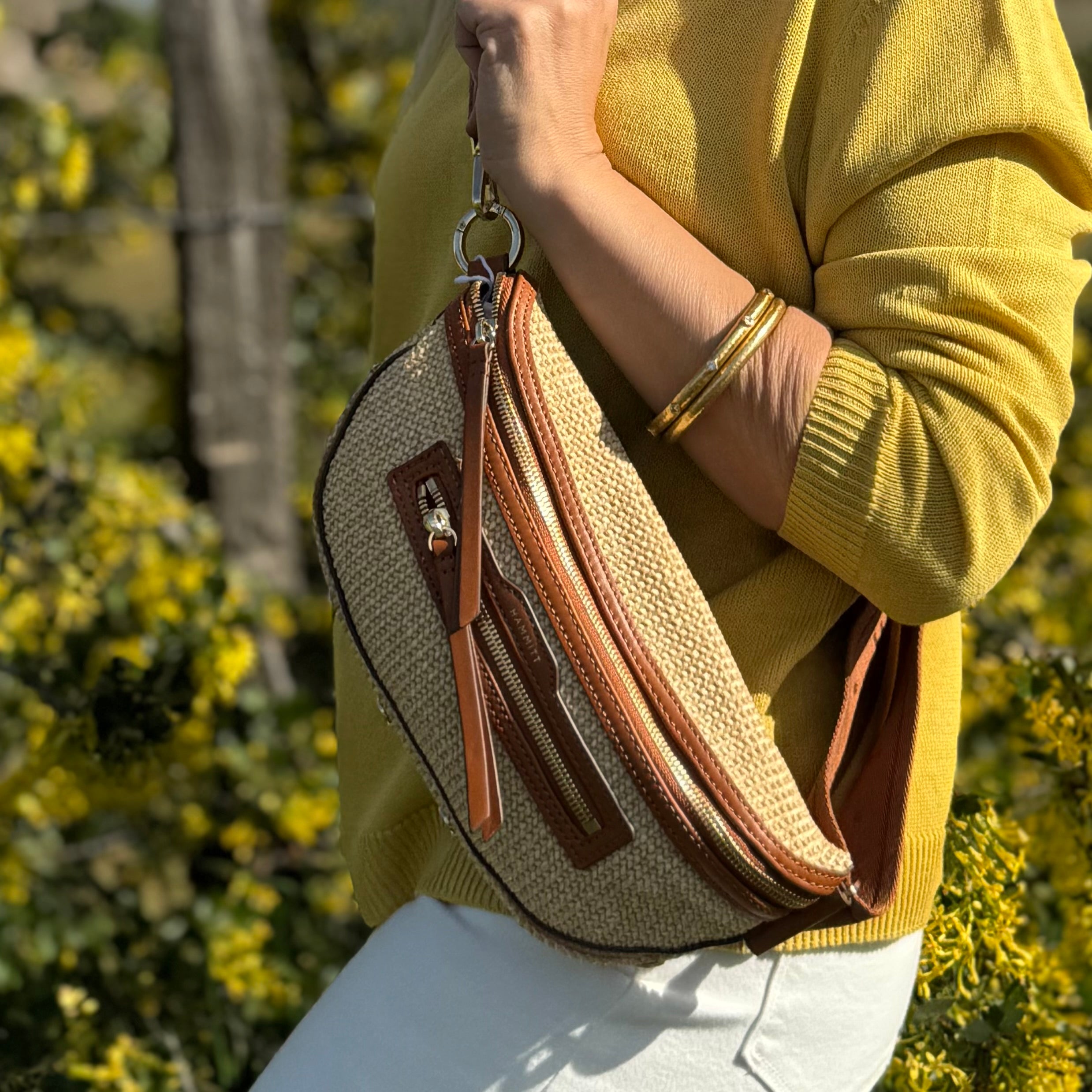 Hammitt Charles Crossbody Med Cocoa Raffia/Gold