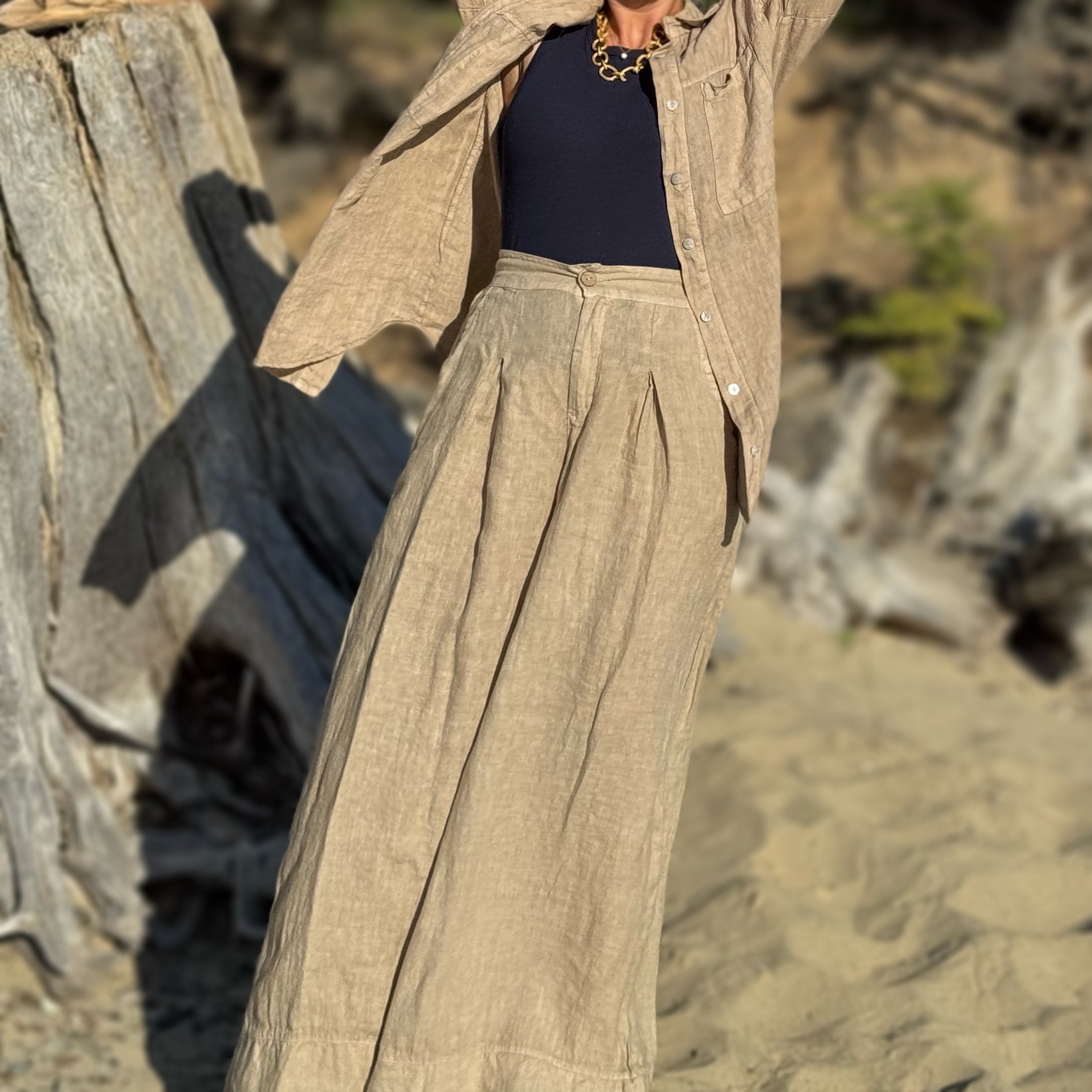 Emerson Wide Linen Pant Khaki
