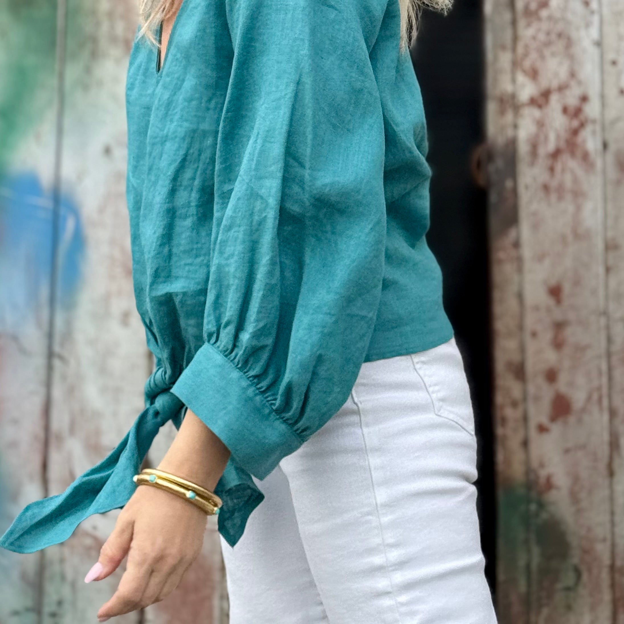 Lolia Blouson Sleeve Linen Top Turquoise