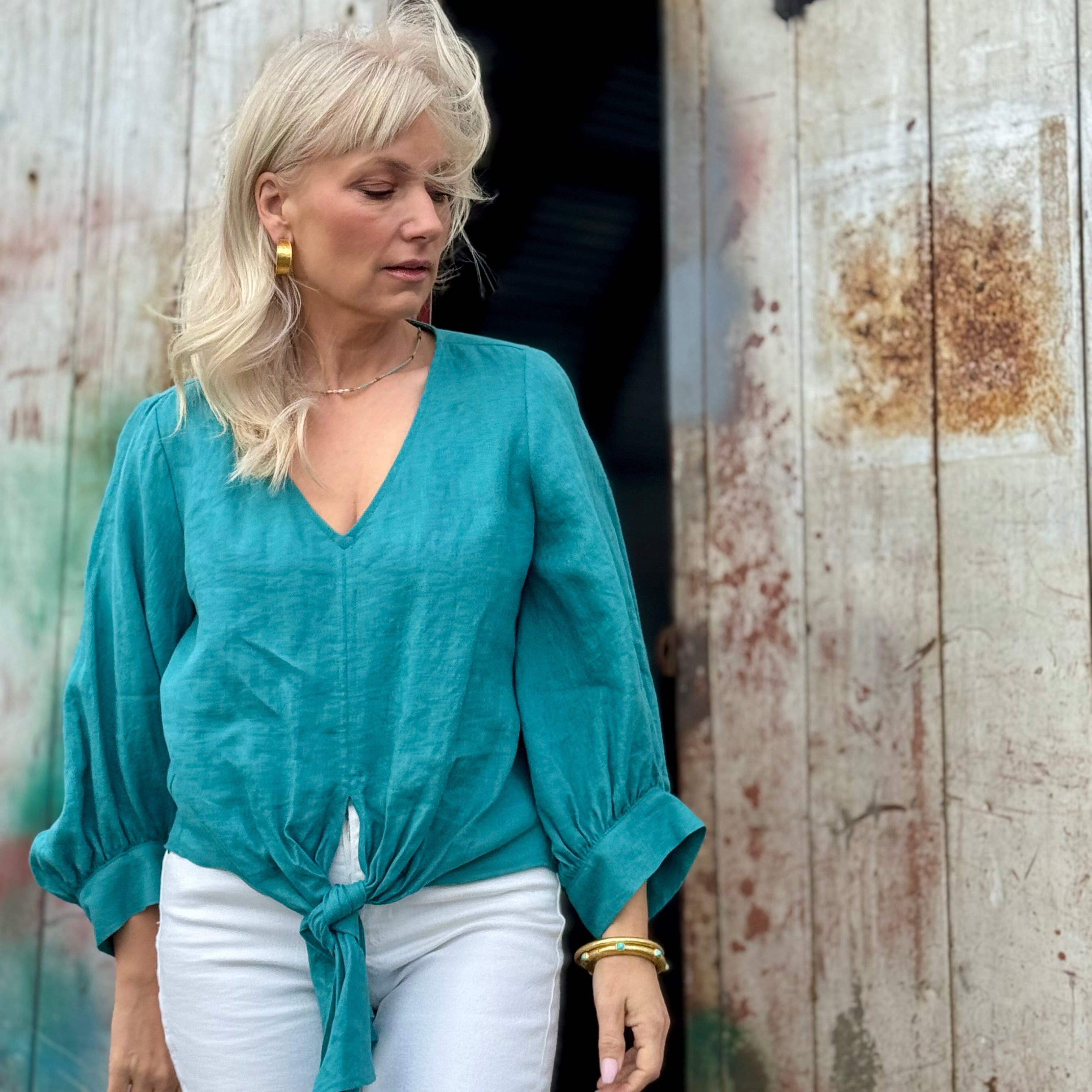 Lolia Blouson Sleeve Linen Top Turquoise