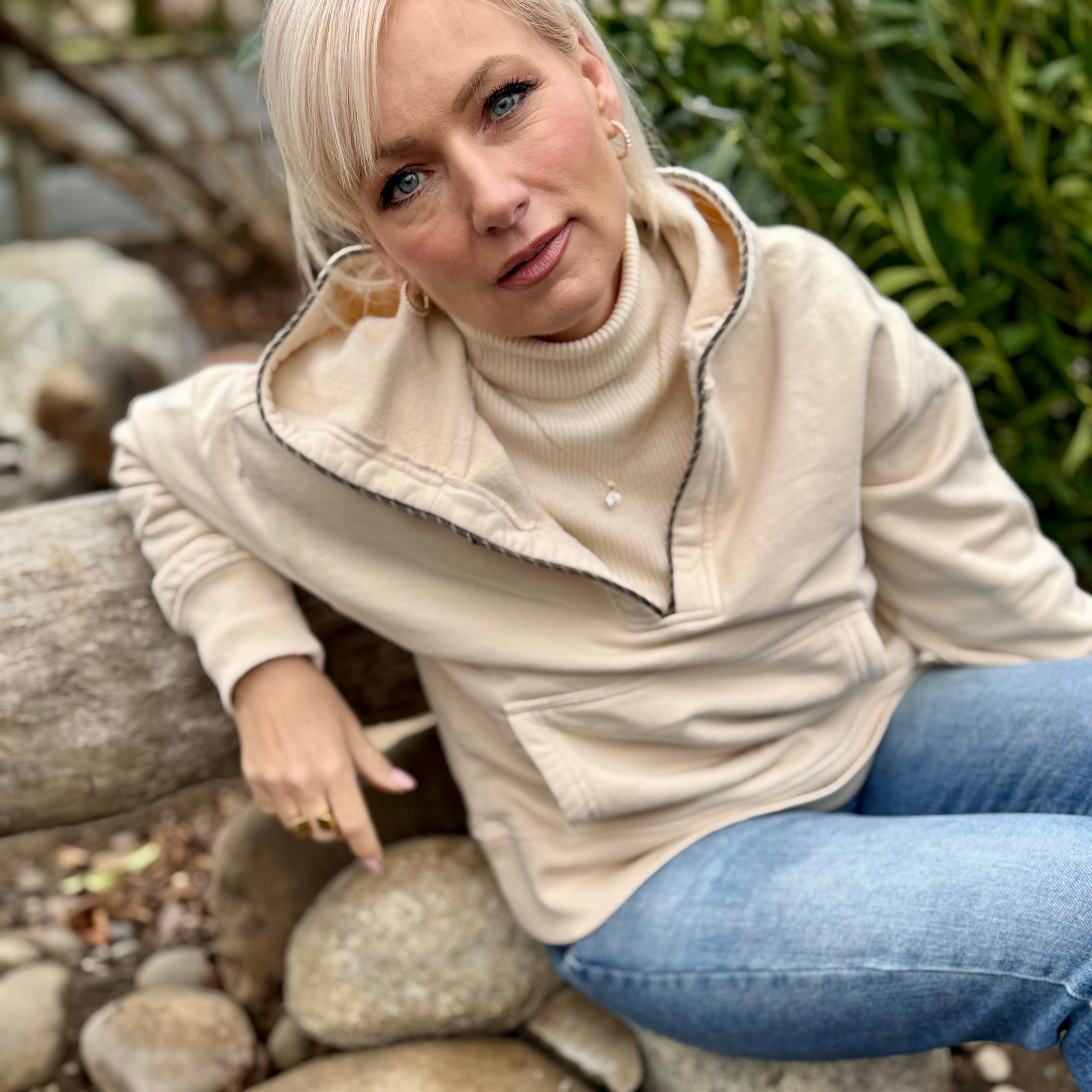 Ecru Haven Beaded-Trim Hoodie