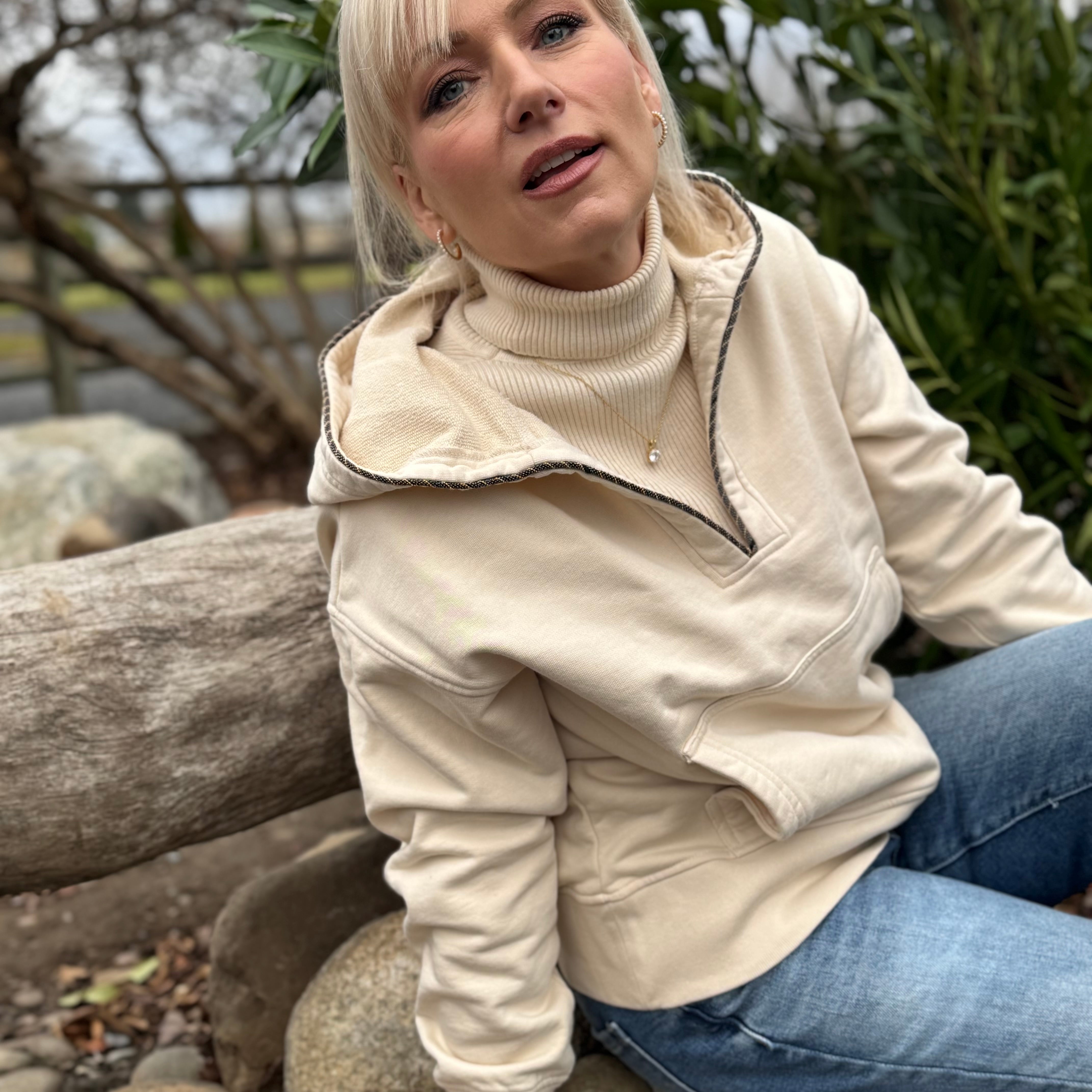 Ecru Haven Beaded-Trim Hoodie