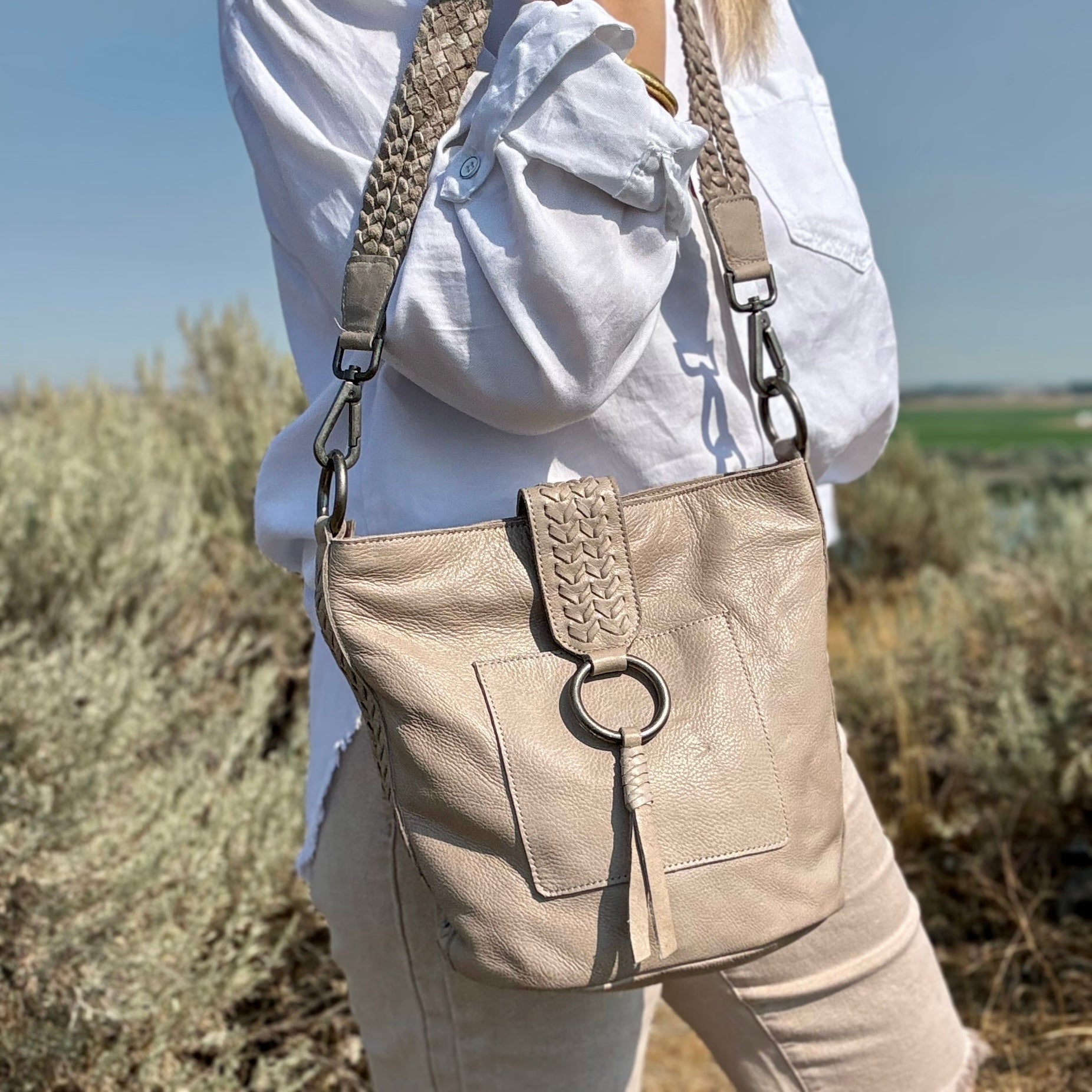 Liaison Leather Crossbody Bag (Taupe)