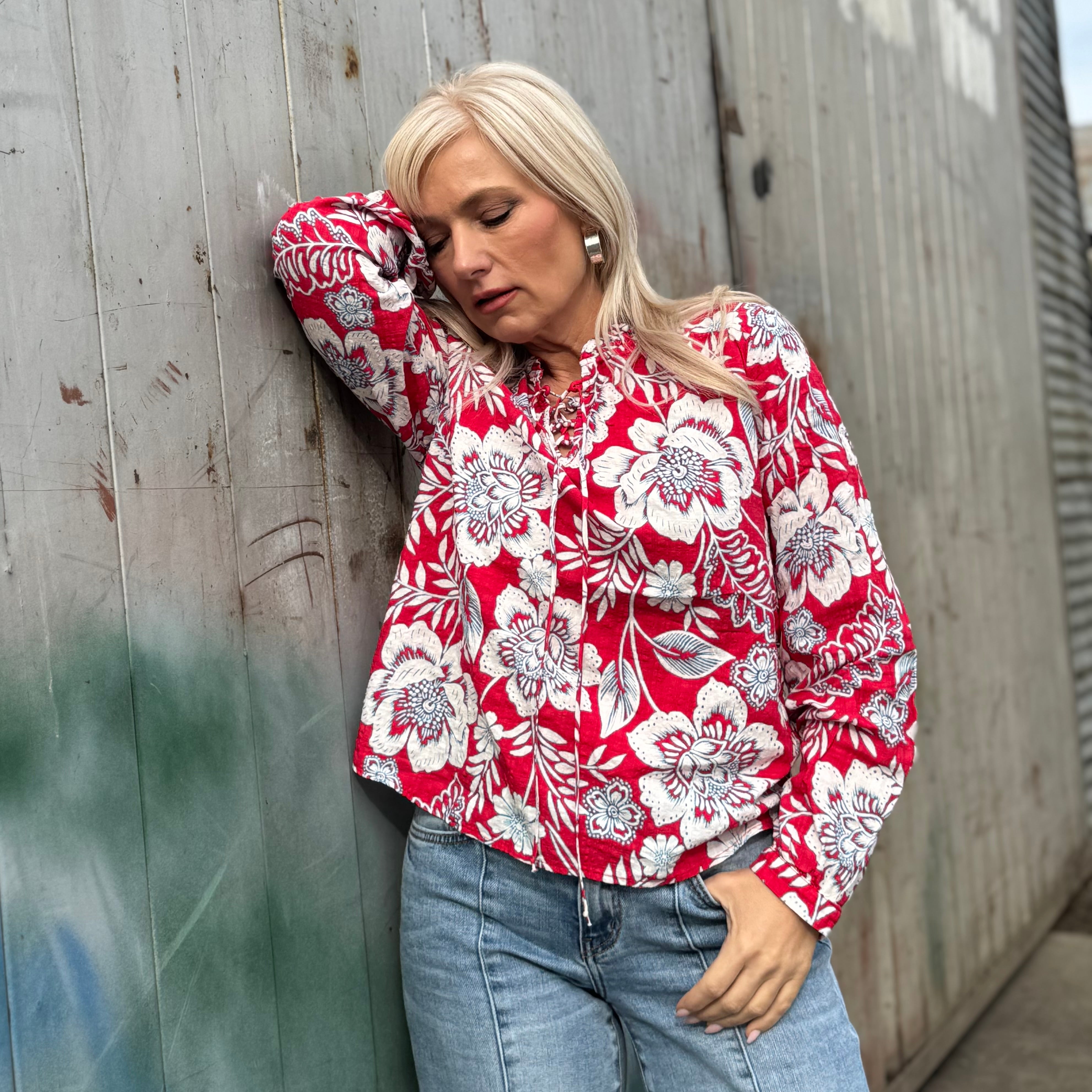 Scarlet Garden Lace-Up Blouse