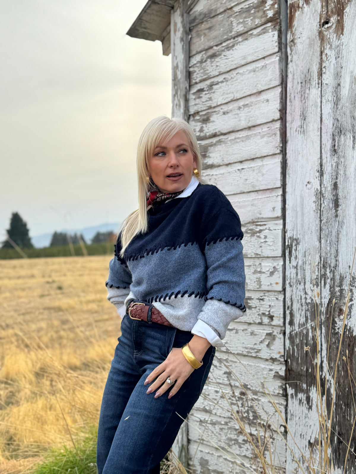 Contrast Stitch Mock Neck Colorblock Sweater