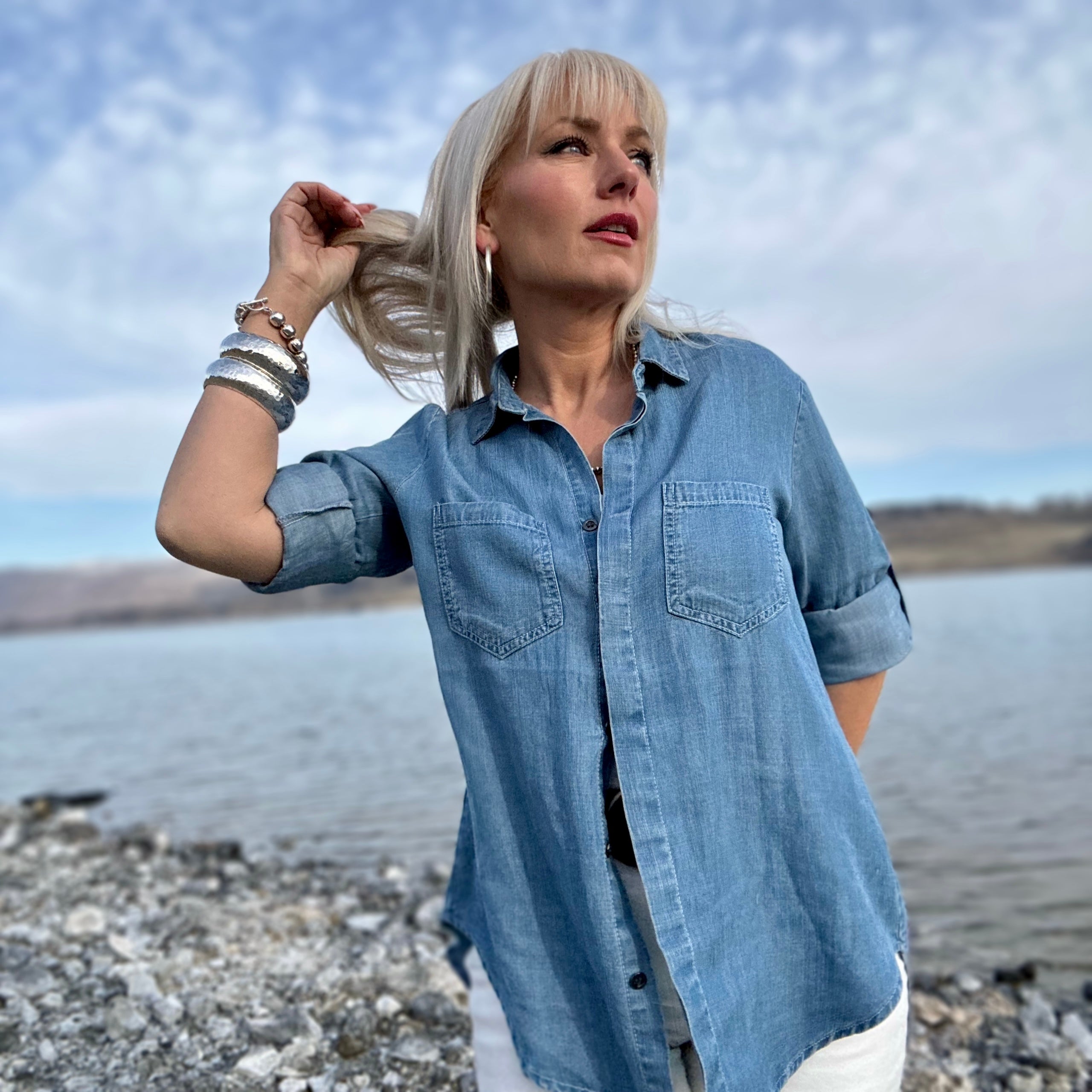 Riley Frayed-Hem Button-Up Shirt (Denim)