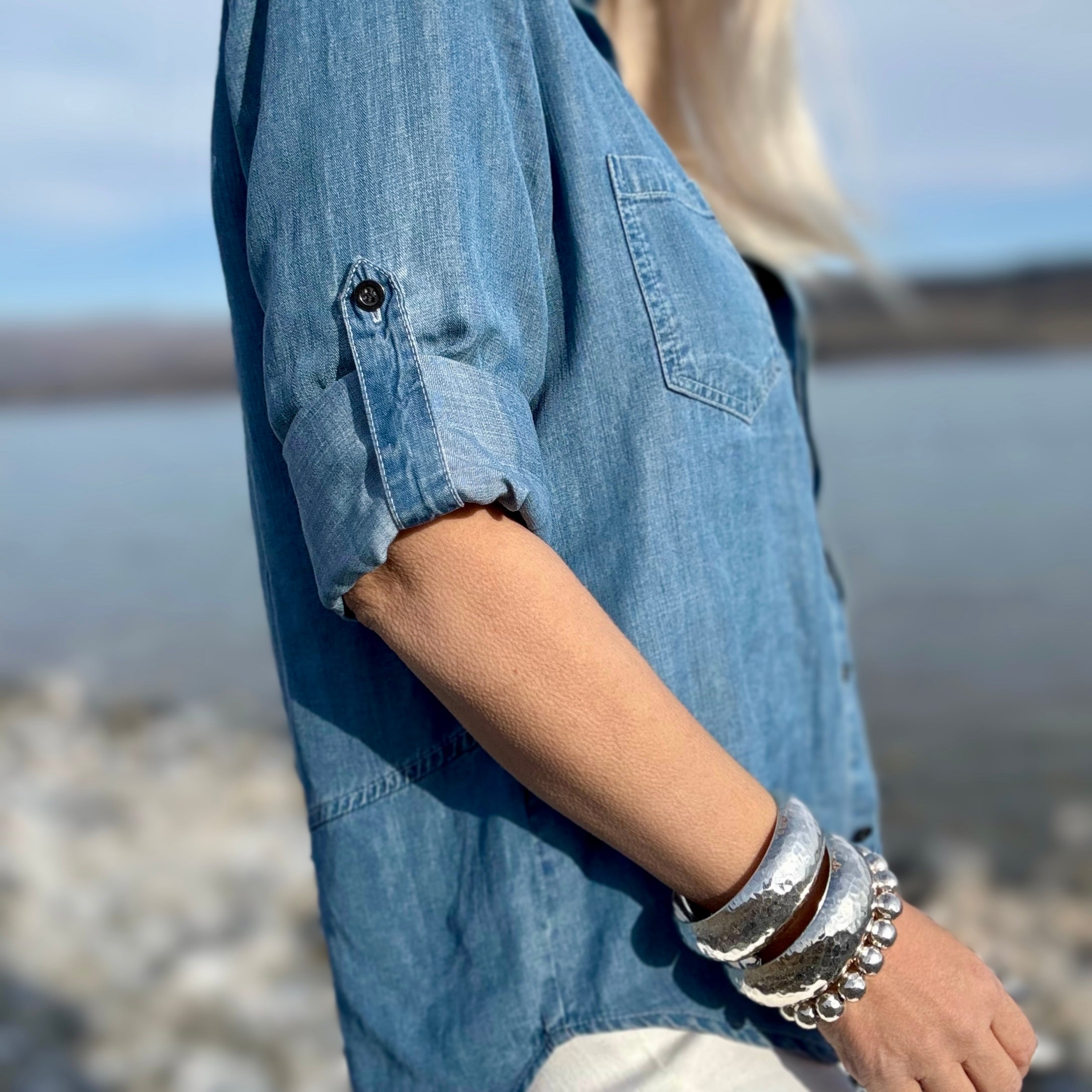 Riley Frayed-Hem Button-Up Shirt (Denim)