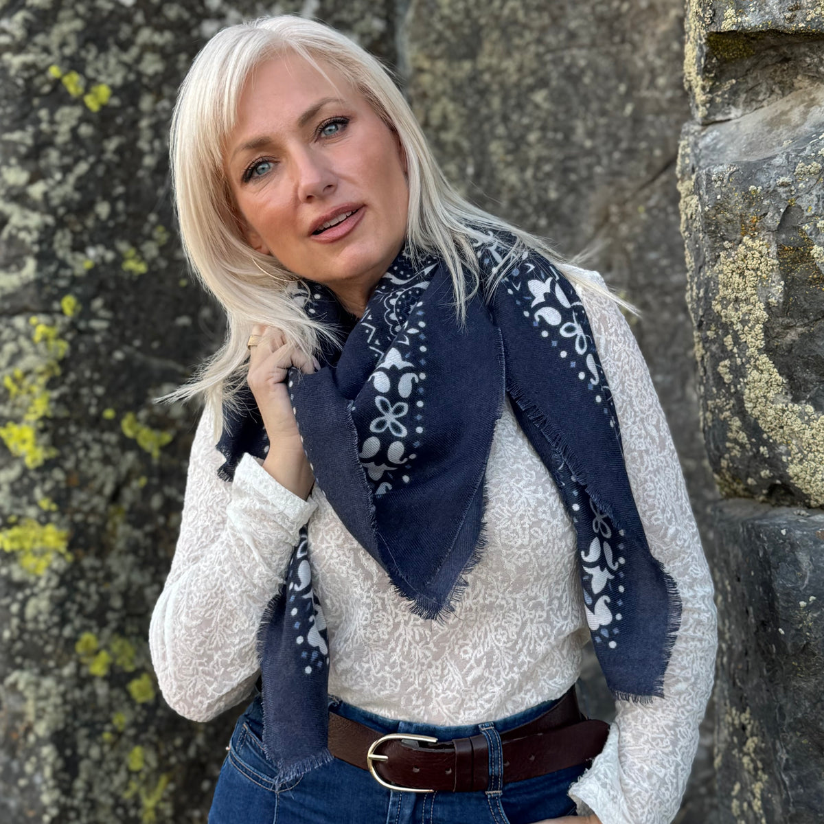 The Cashmere Feel Bandana Scarf Navy