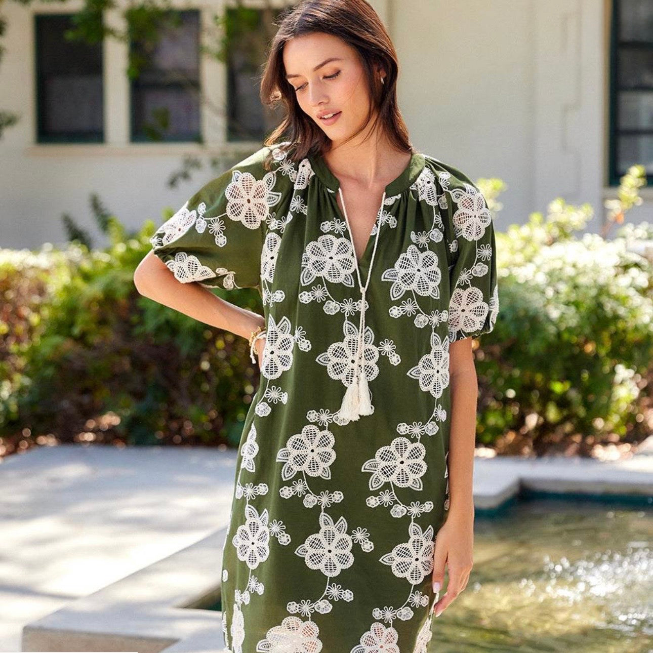 Garden Vision Puff Sleeve Tassel Dress