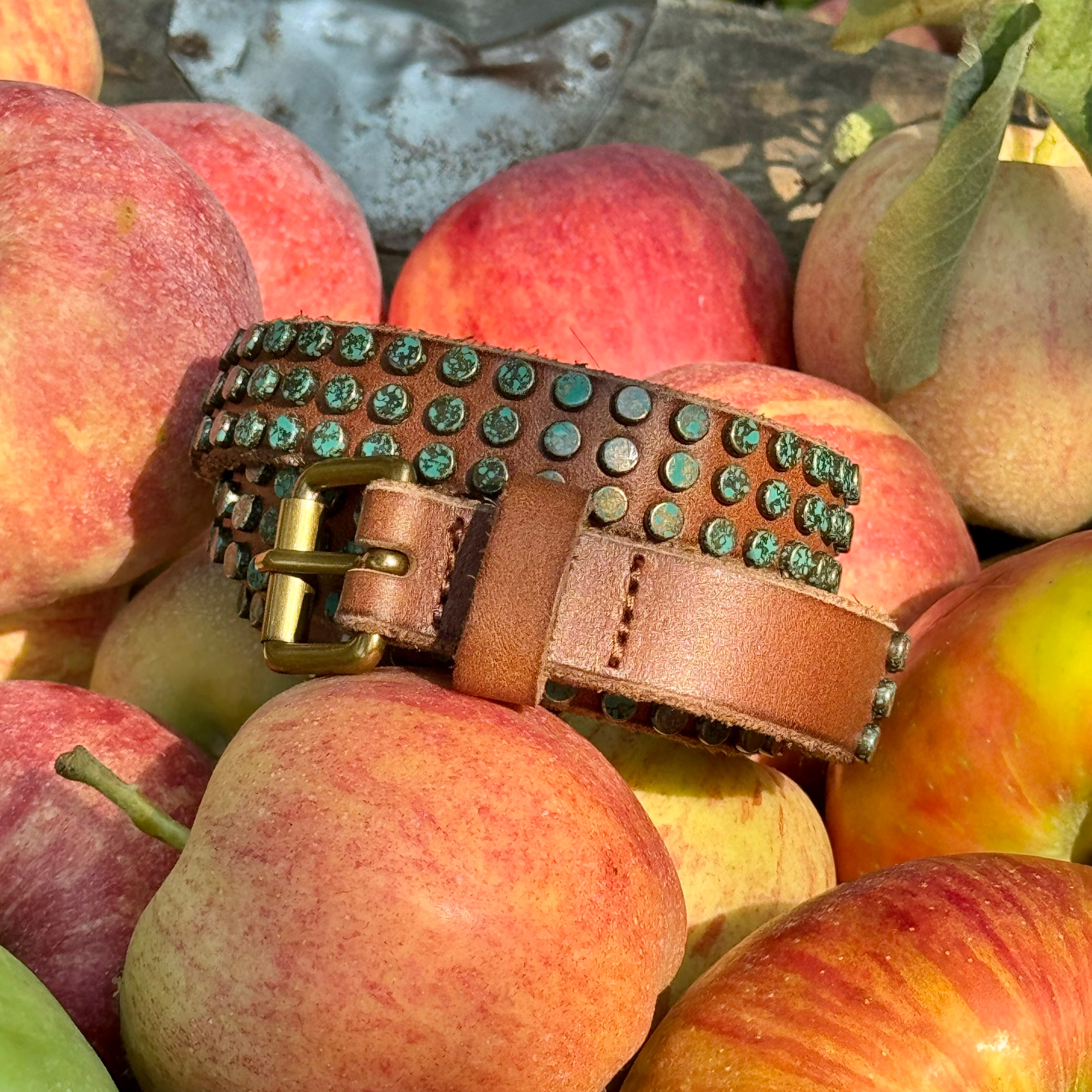 Azra | Leather Belt With Turquoise Patina Studs