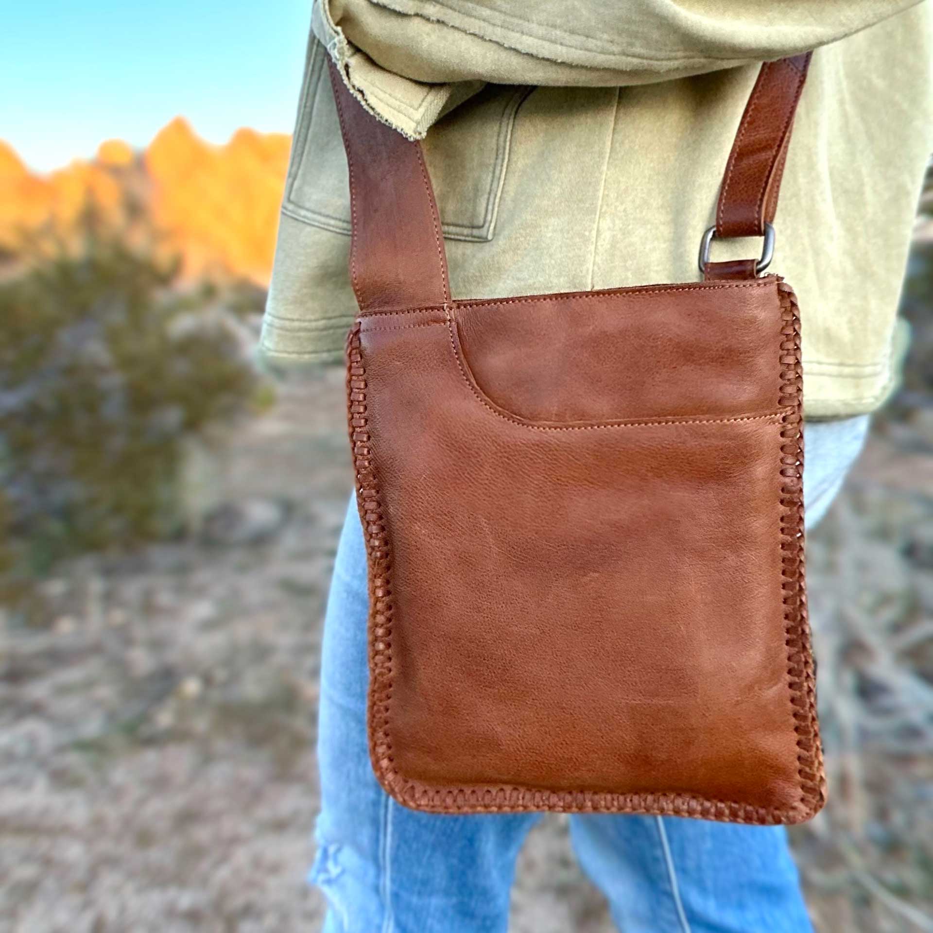 Brynn Whipstitch Leather Crossbody Bag (Cognac)