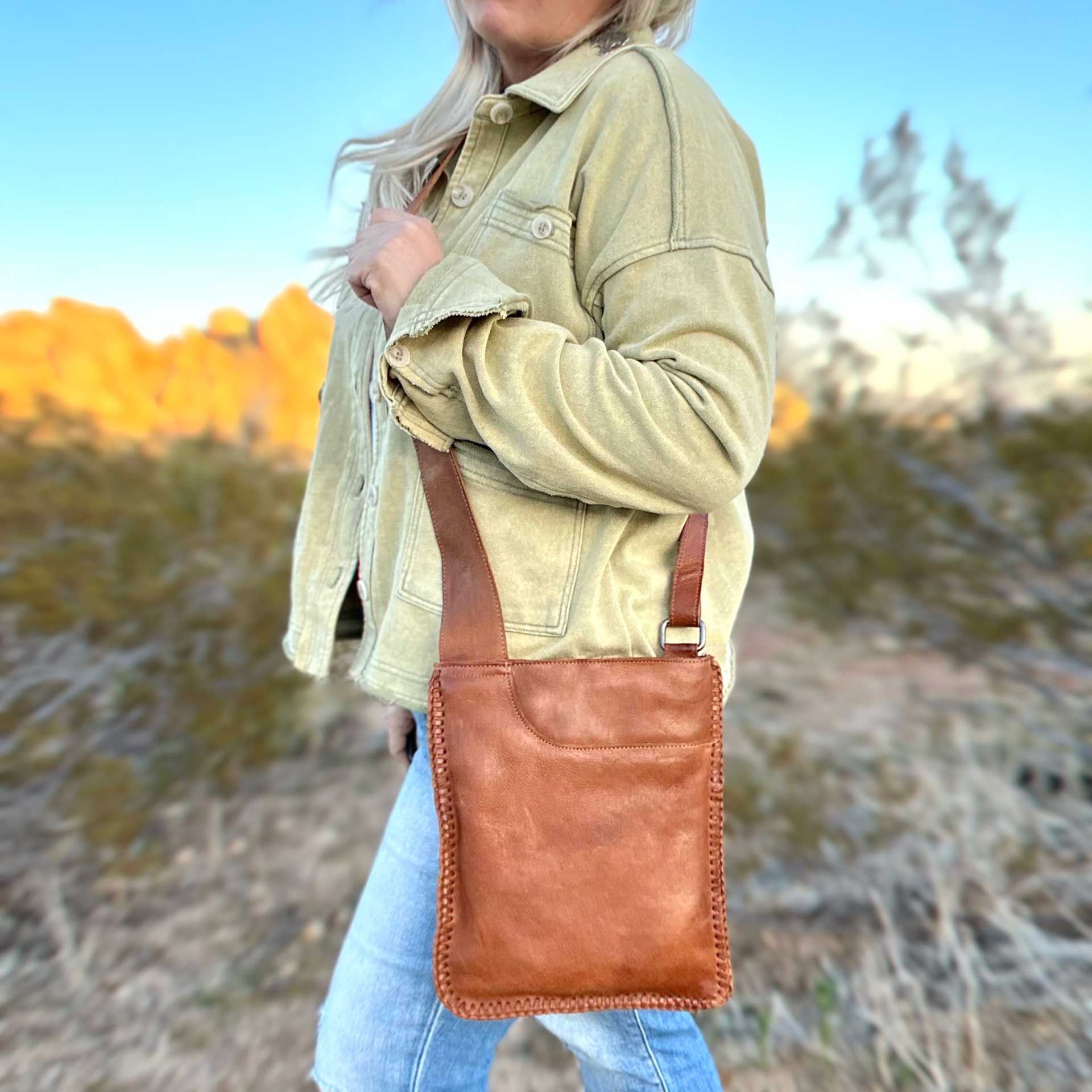 Brynn Whipstitch Leather Crossbody Bag (Cognac)