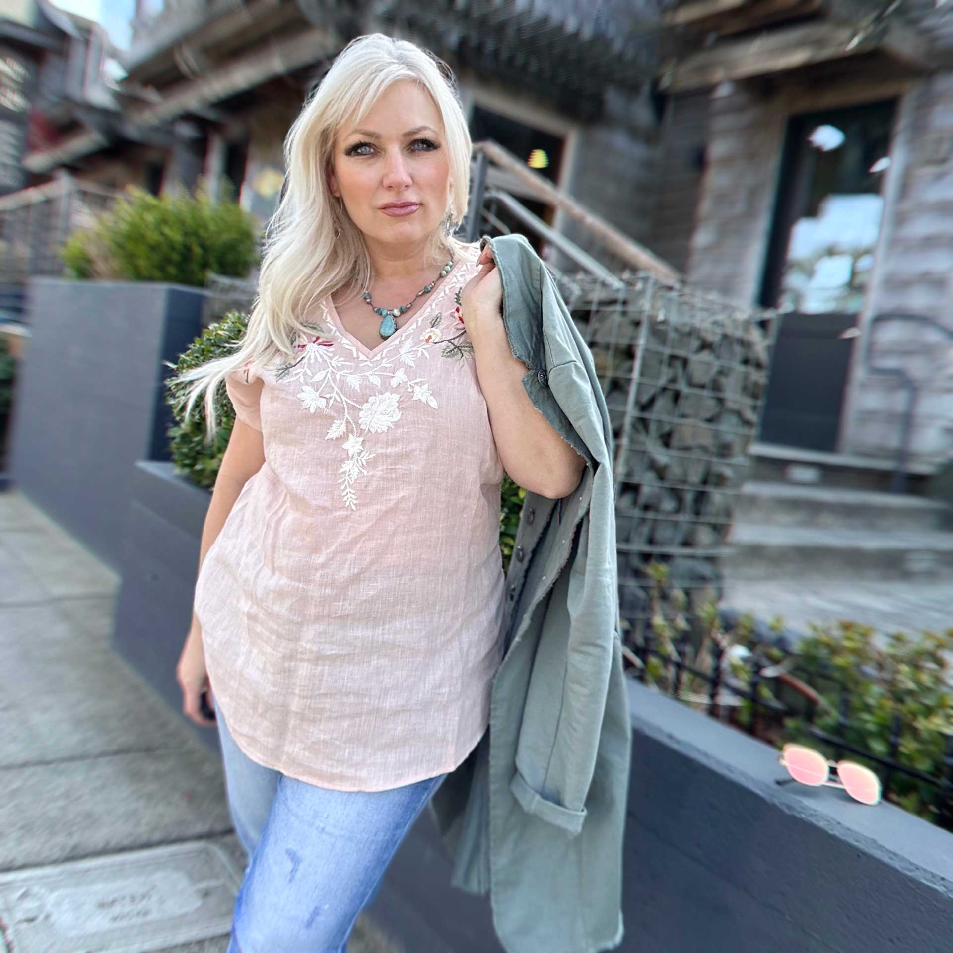 Fern Embroidered Linen Top