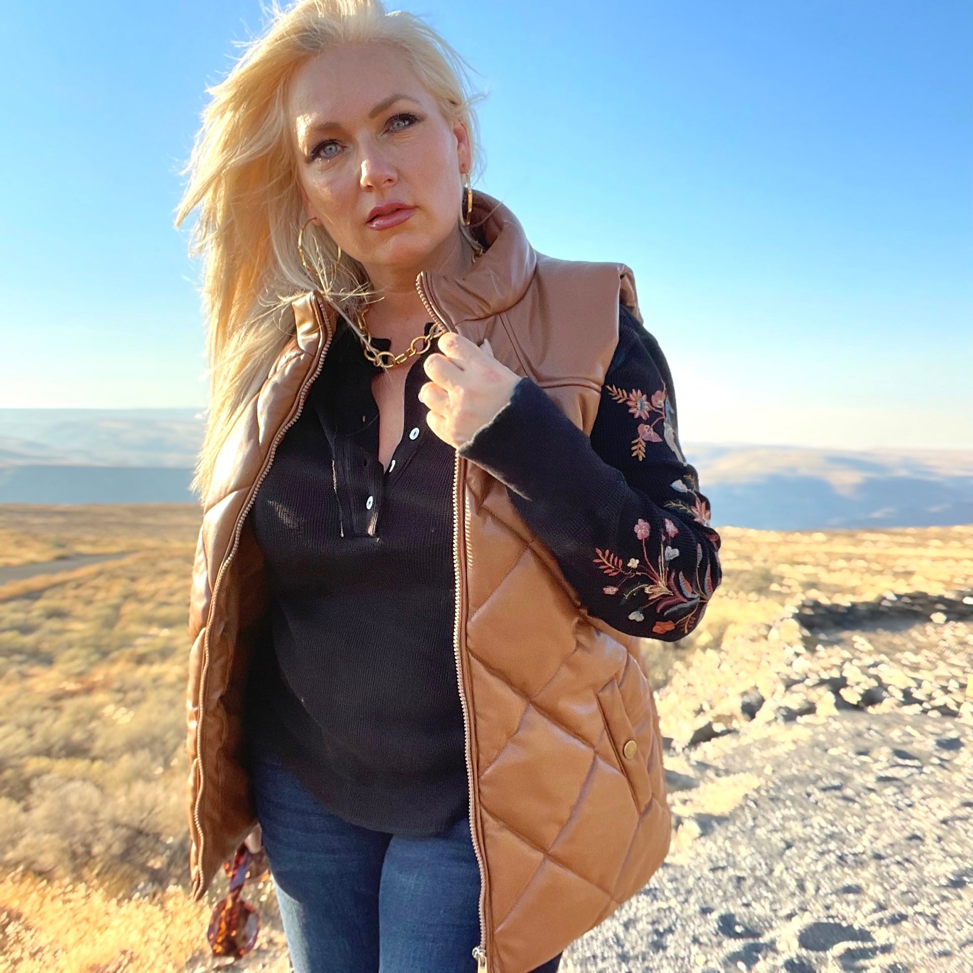 Lady Lux Faux Leather Puffer Vest (Camel)