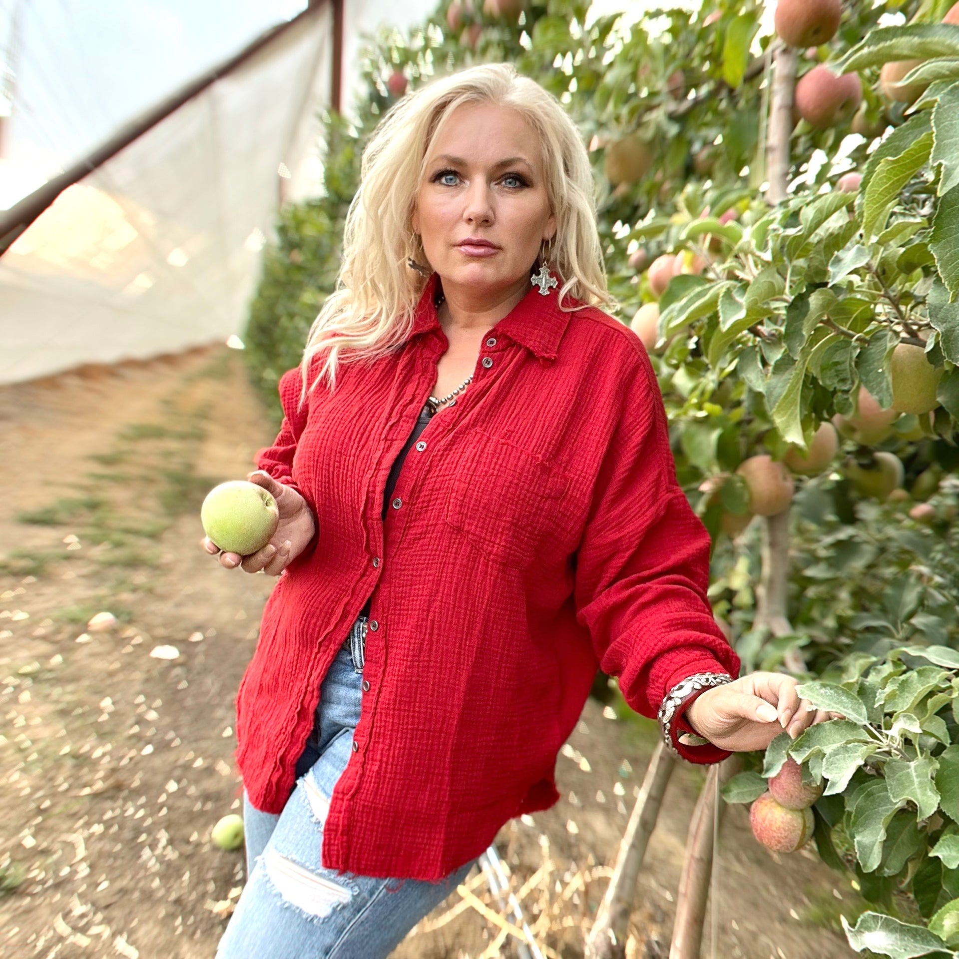 Lands Beyond Gauze Button-Up (Apple Red)