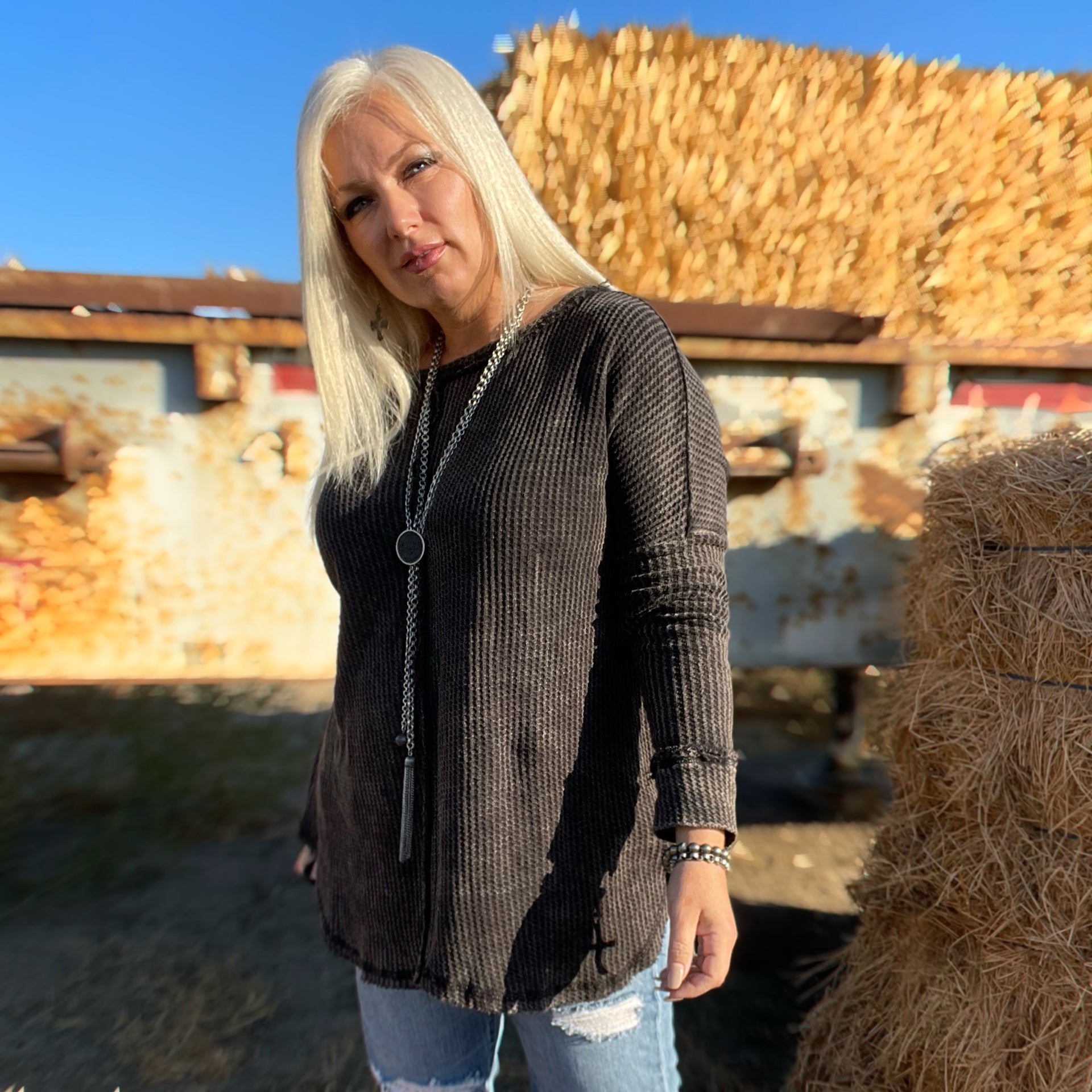 Modern Love Waffle Knit Top (Black)