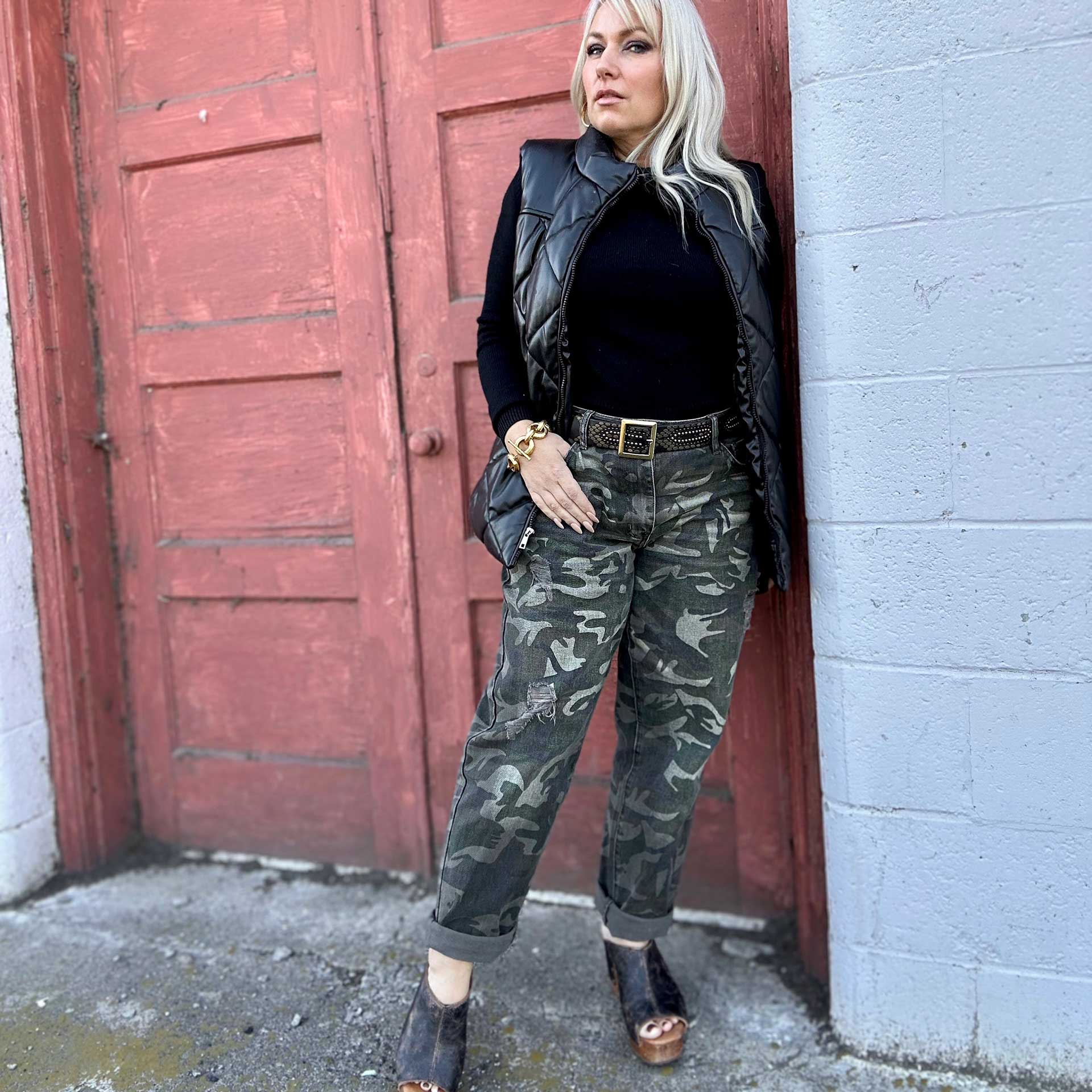 Cargo Pants Outfit Long Camo Jean Jacket Blue Distressed Cropped