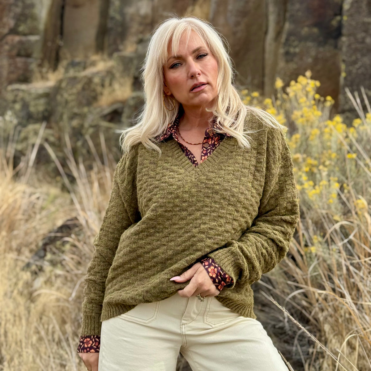 Olive Grove V-Neck Sweater