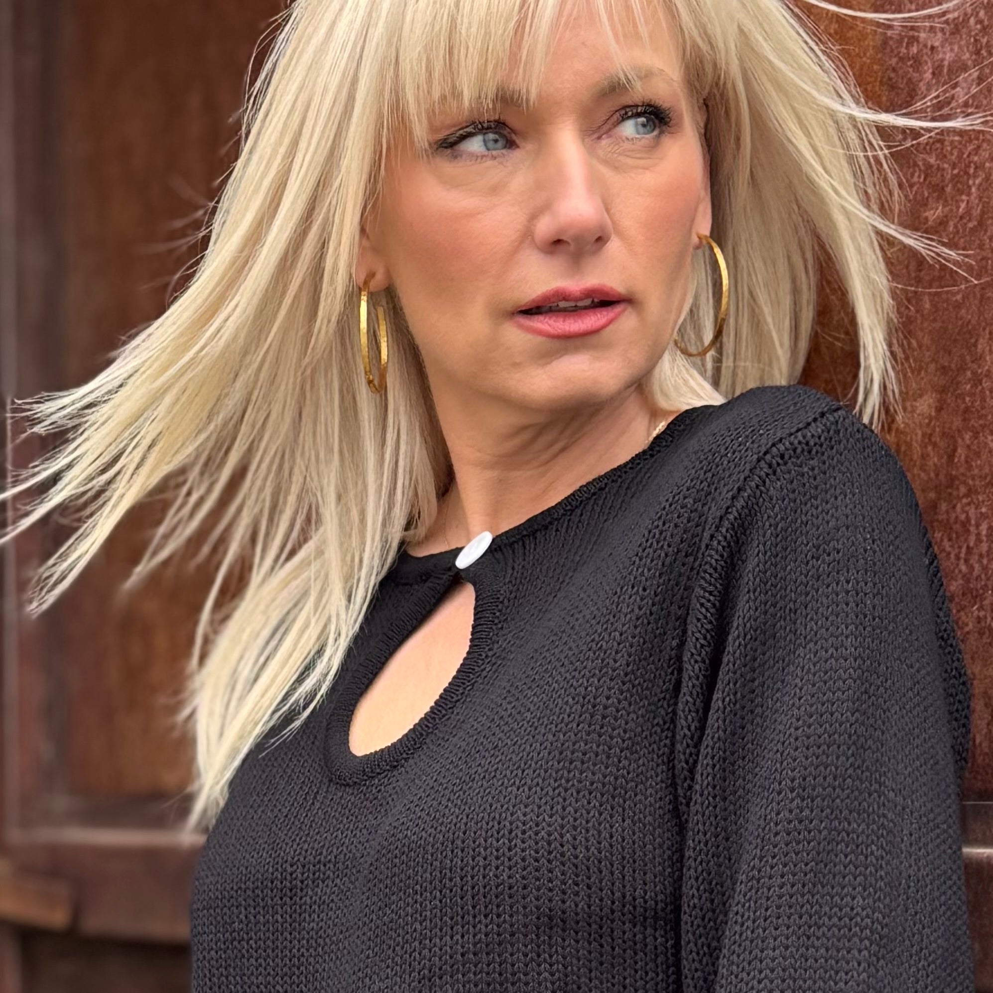 Golden Hour Cotton Keyhole Sweater Black